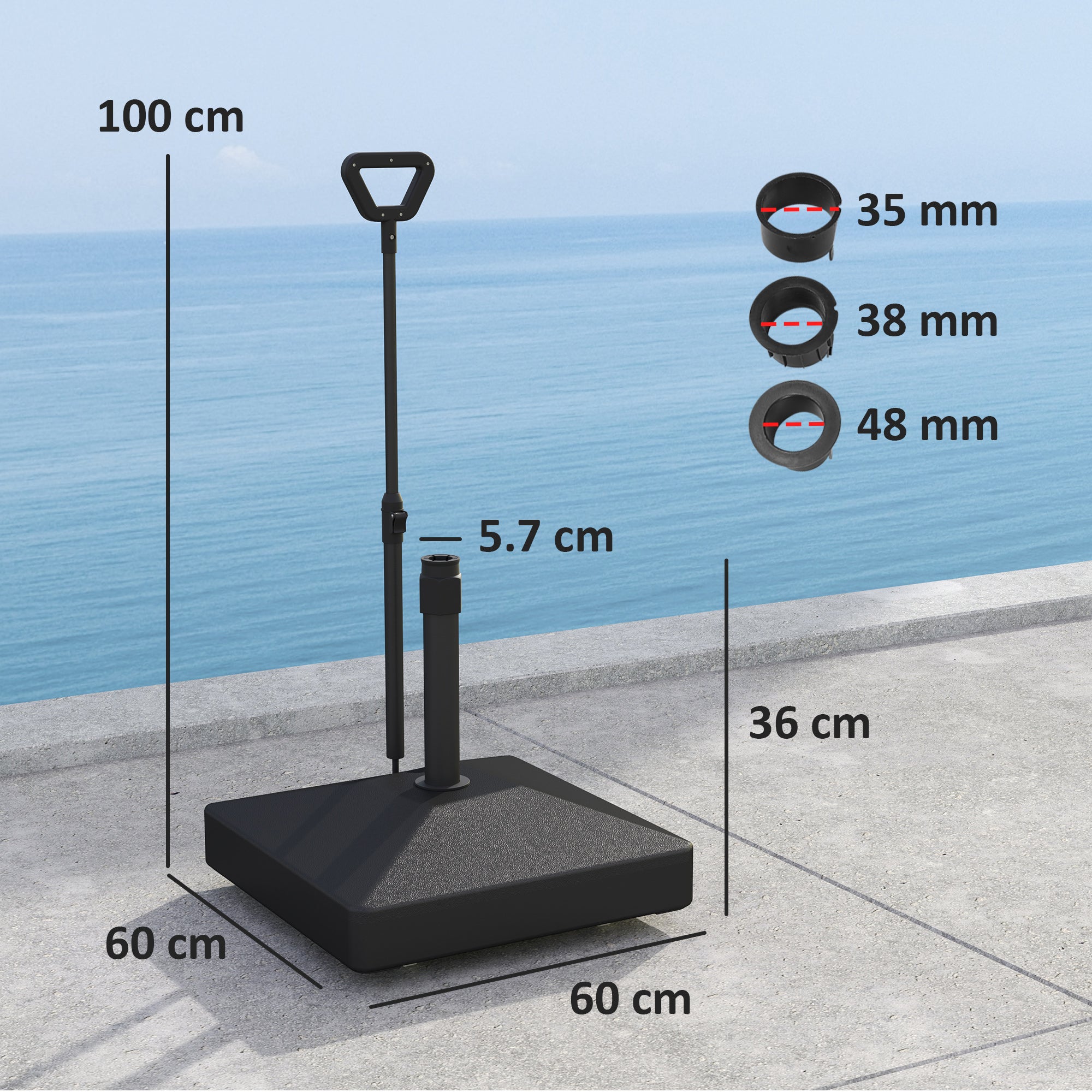 Outsunny Garden Parasol Base with Adjustable Wheels and Handle, Garden Sun Umbrella Base Parasol Stand, Filled Up to 55kg with Stand, 45kg with Water for 35, 38, 48 mm Poles, Black - North Peak Garden Furniture