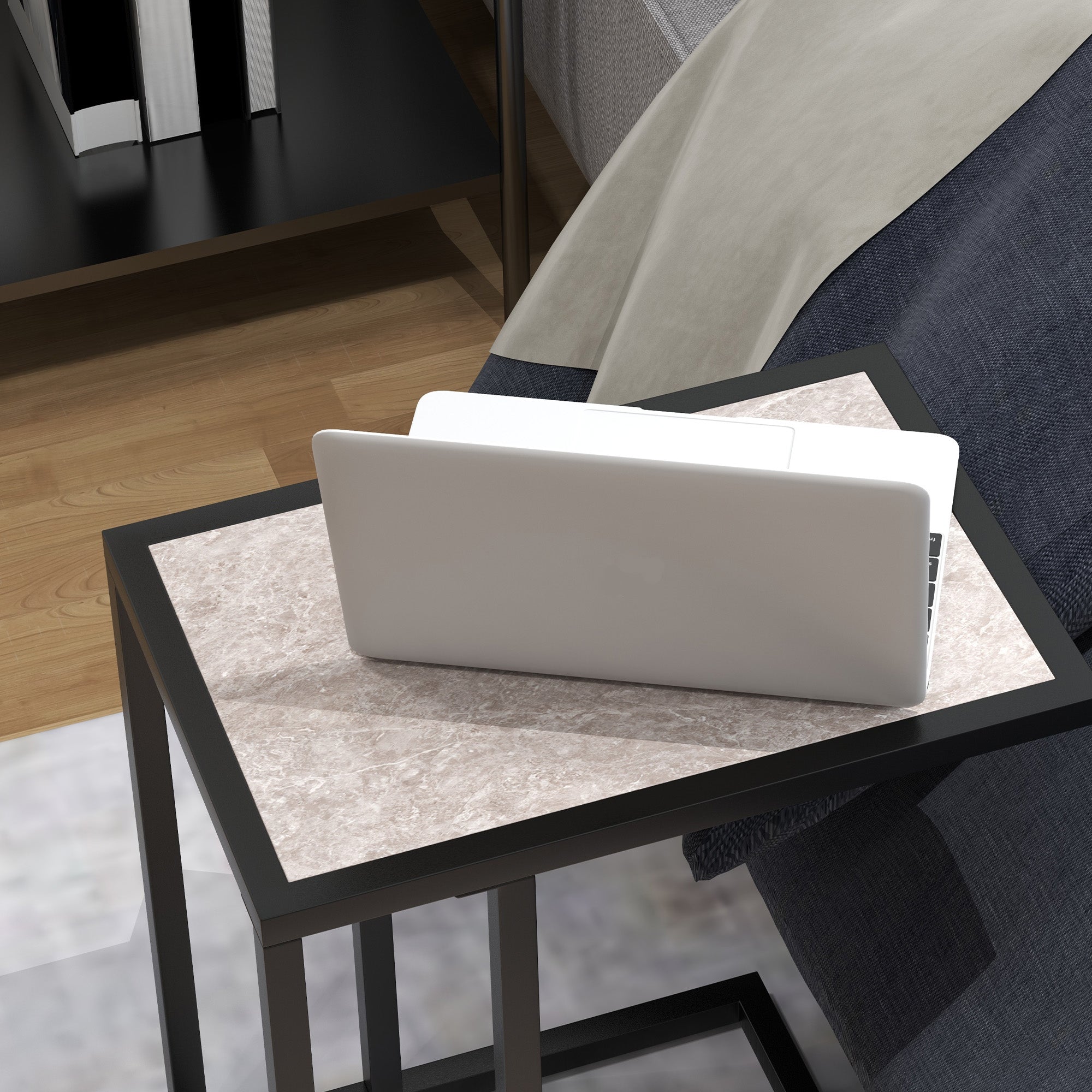 HOMCOM C Shape Bedside Table w/Metal Frame Marble-Effect Top Sofa Narrow Snack End Table for Living Room, Grey - North Peak Garden Furniture