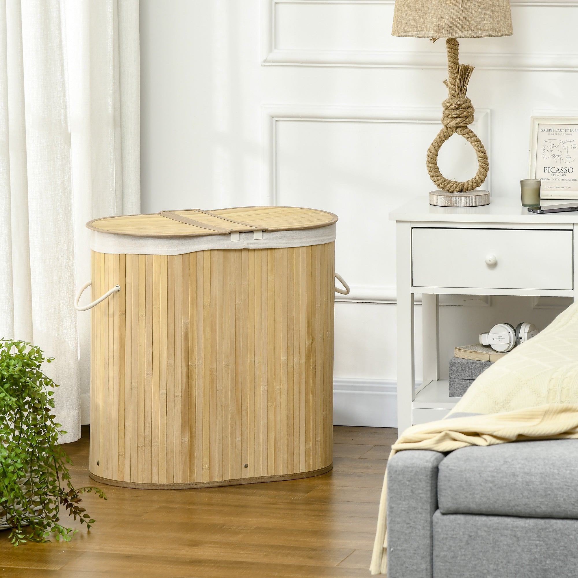 HOMCOM Bamboo Laundry Basket with Lid, 100 Litres Laundry Hamper with 2 Sections, Removable Washable Lining, Washing Baskets, 62.5 x 37 x 60.5cm, Natural - North Peak Garden Furniture