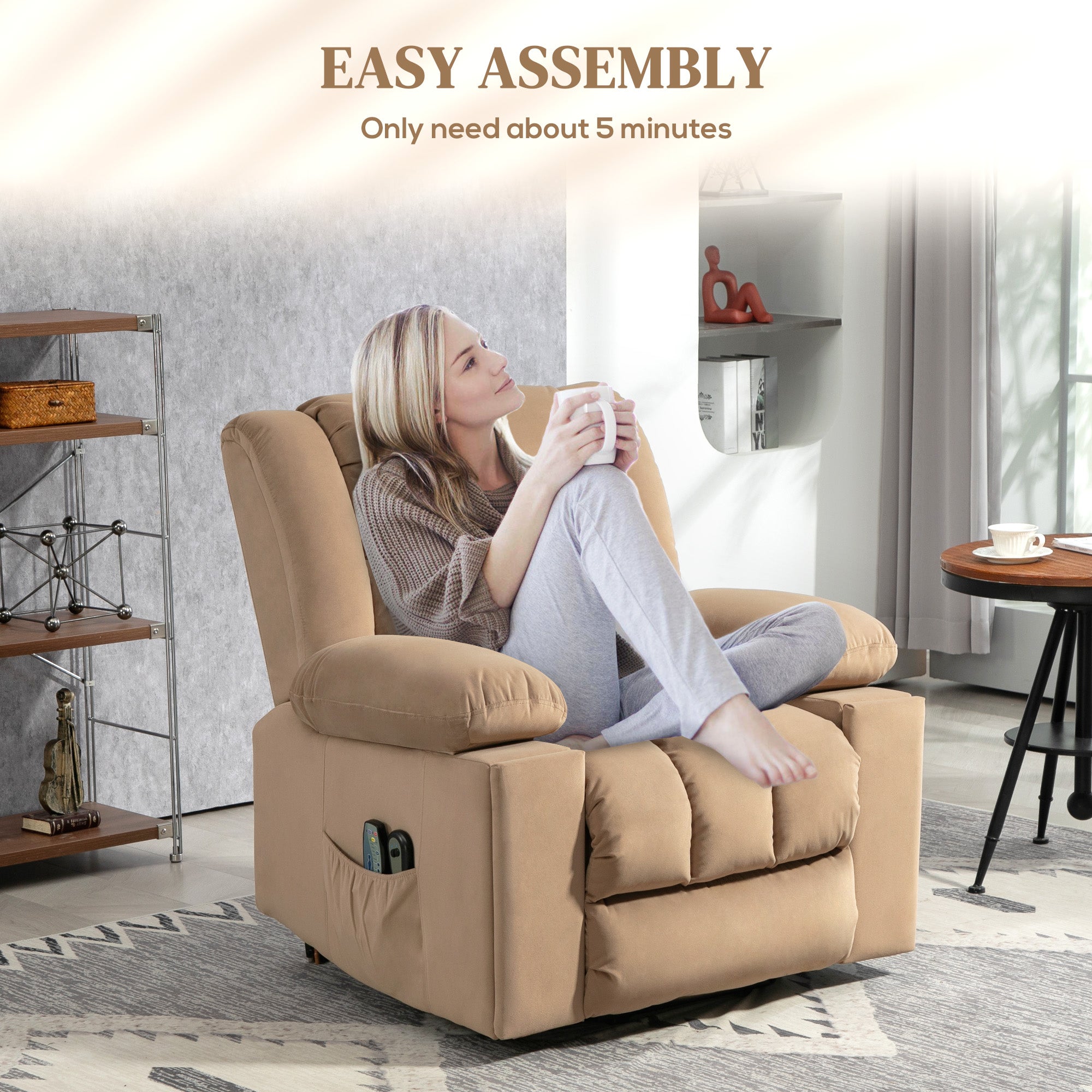 HOMCOM Power Lift Recliner Chair with Vibration Massage and Heat, Electric Lift Chair for Elderly, Overstuffed Fabric Riser and Reclining Armchair with USB Ports, Cup Holders, Light Brown - North Peak Garden Furniture