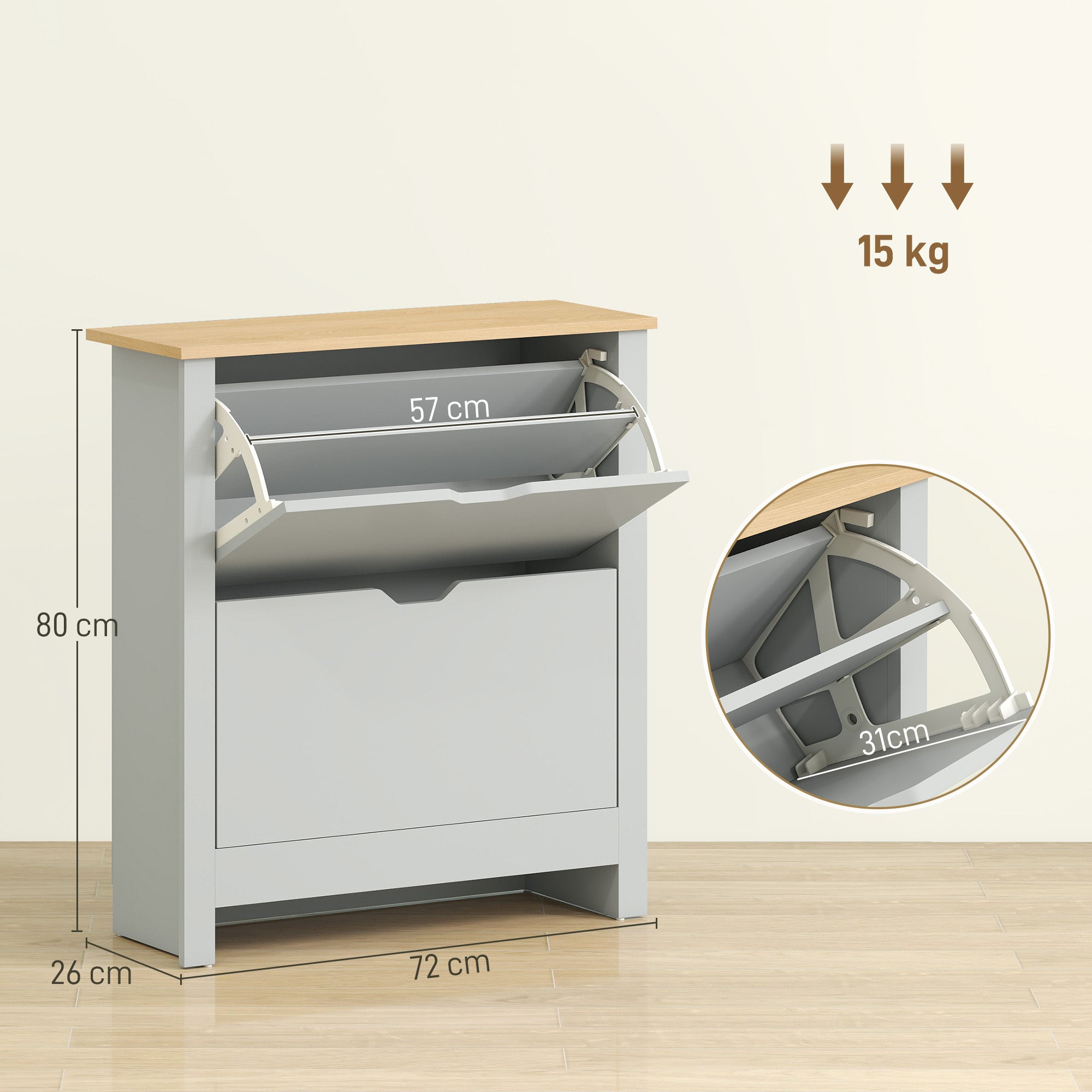 HOMCOM Slim Shoe Cabinet, Narrow Shoe Cupboard with 2 Flip Drawers, Adjustable Shelves for 12 Pairs of Shoes, Light Grey