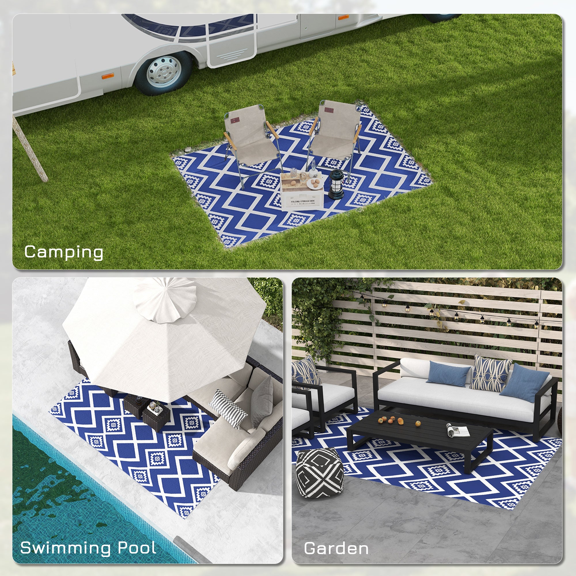 Outsunny Plastic Straw Reversible RV Outdoor Rug with Carry Bag, 182 x 274cm, Blue and White - North Peak Garden Furniture