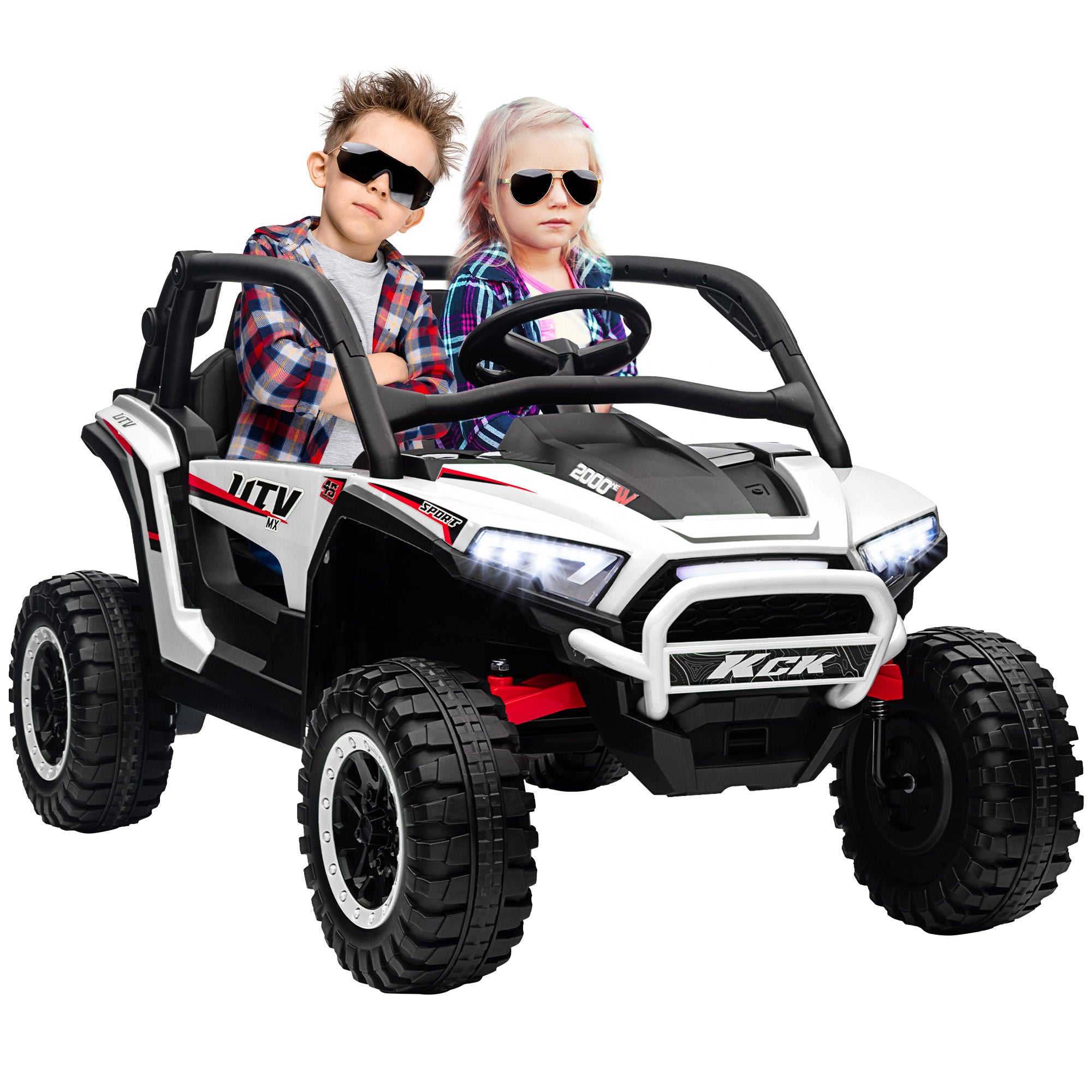 AIYAPLAY 2 Seater 24V 7AH Ride on Truck, Battery Powered Electric Ride On Car w/ Remote, Suspension, 3 Speeds - White - North Peak Garden Furniture