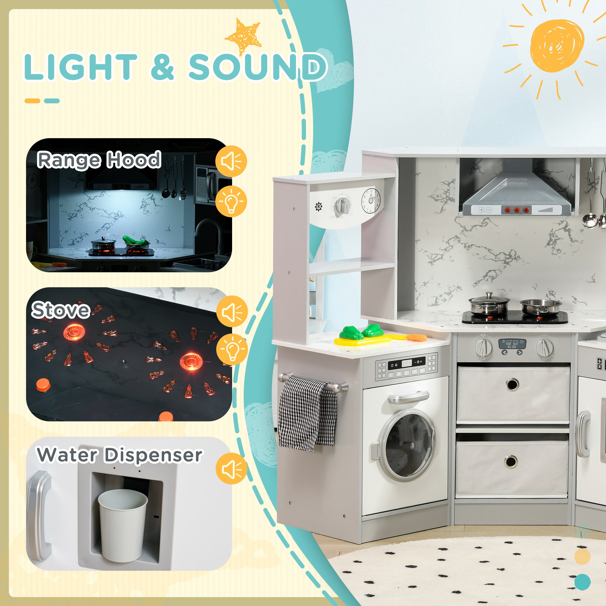 AIYAPLAY Toy Kitchen with Running Water, Lights, Sounds, Apron and Chef Hat, Water Dispenser, for Ages 3-6 Years, Grey - North Peak Garden Furniture