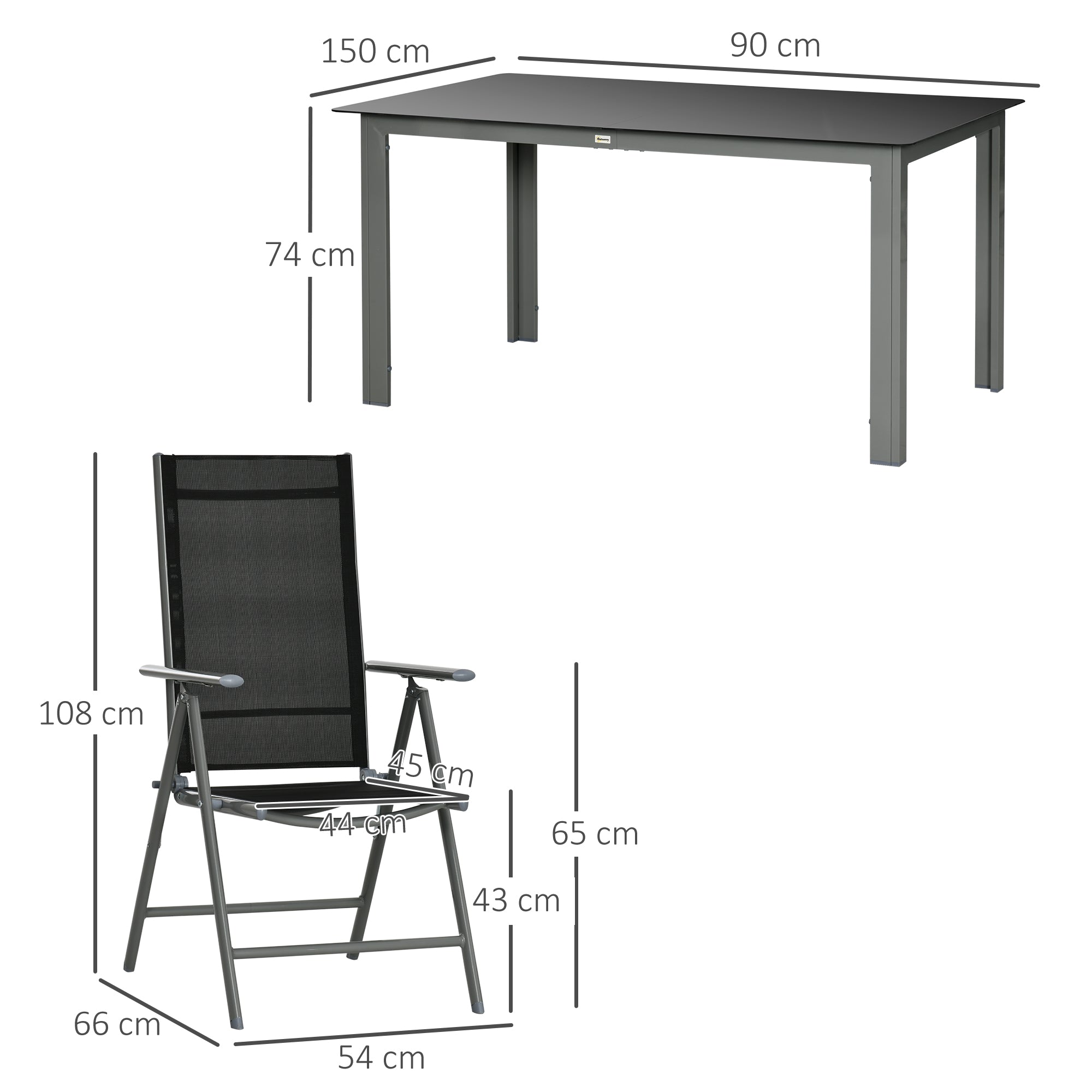 Outsunny 7 Piece Garden Dining Set, Outdoor Table and 6 Folding and Reclining Chairs, Aluminium Frame, Tempered Glass Top Table, Texteline Seats, Black - North Peak Garden Furniture