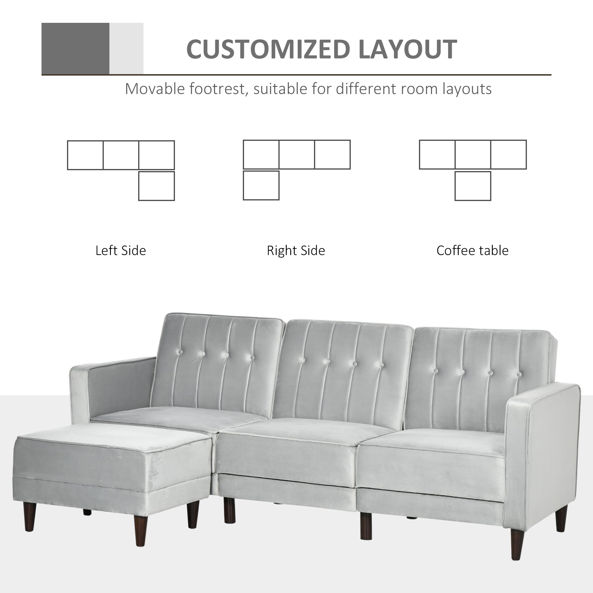 HOMCOM L Shape Sofa Bed Set with 3-Seater Sofa and Footstool, Corner Sofa Bed with Ottoman, Light Grey - North Peak Garden Furniture