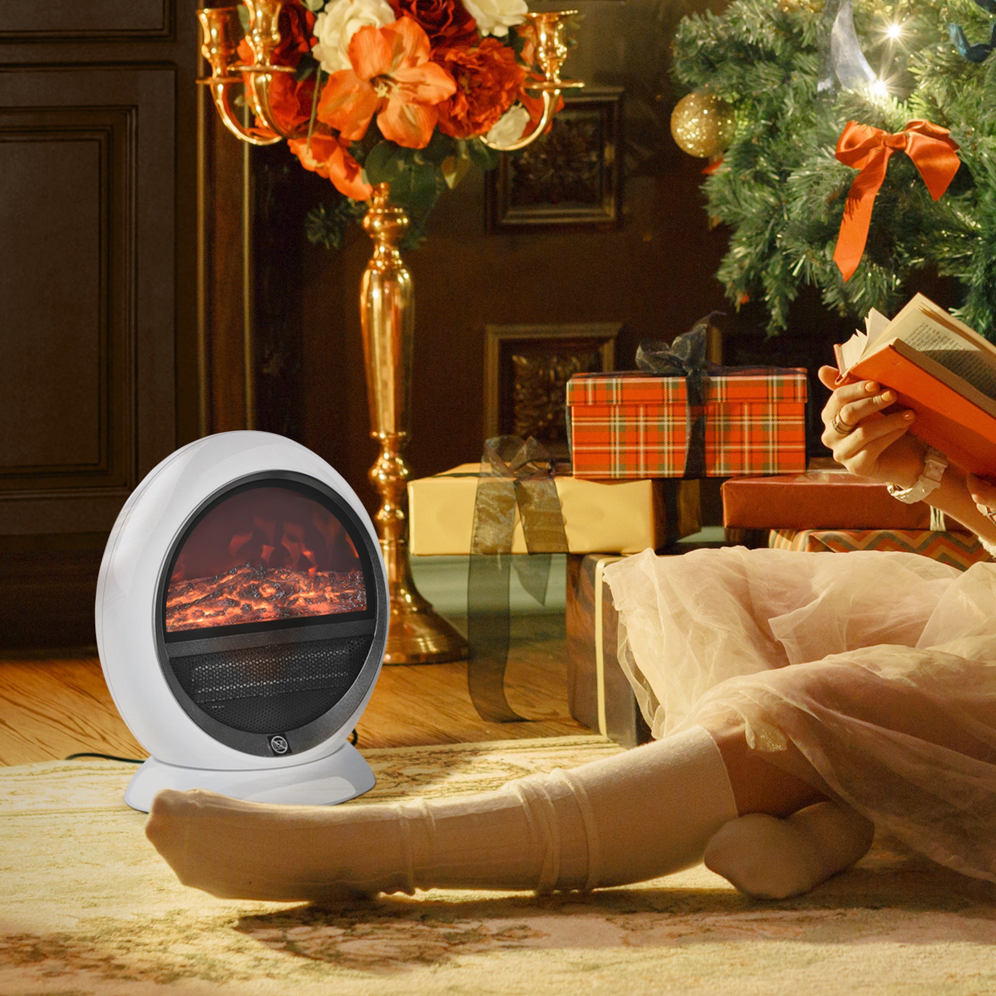 HOMCOM Freestanding Electric Fireplace Indoor Space Table Top Heater with Realistic Flame Effect, Rotatable Head, Overheating Protection, 1500W, White - North Peak Garden Furniture