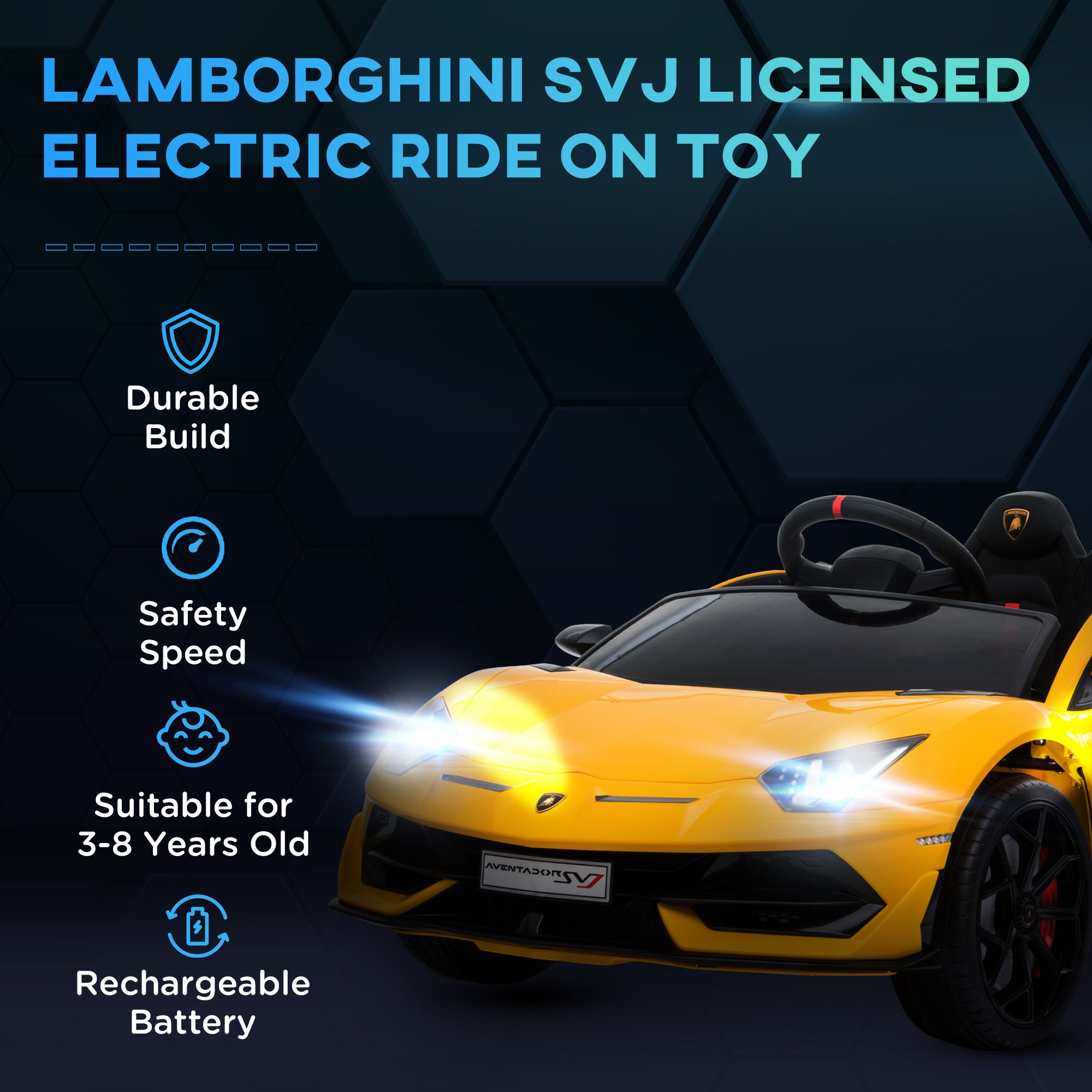 HOMCOM Lamborghini Aventador Licensed 12V Kids Electric Ride On Car Racing Car Toy with Parental Remote Control Battery-powered 2 Motors Music Lights for 3-8 Years Old Yellow - North Peak Garden Furniture