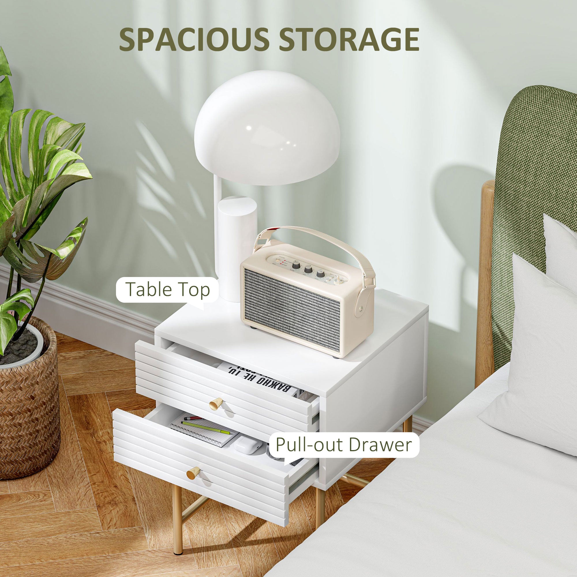 HOMCOM Set of Two Elegant Bedside Tables - White/Gold-Tone - North Peak Garden Furniture