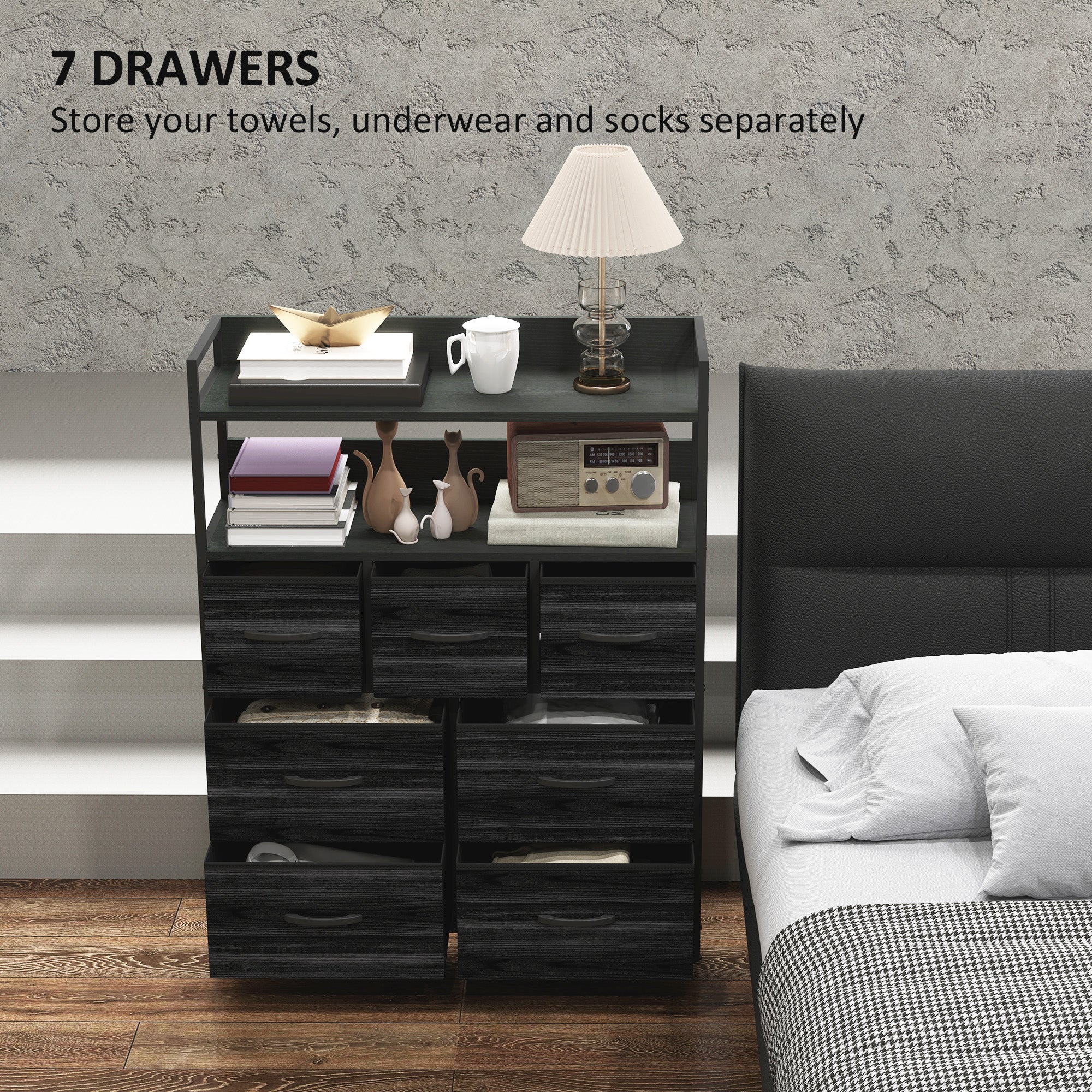 HOMCOM Rustic Chest of Seven Fabric Drawers - Black - North Peak Garden Furniture