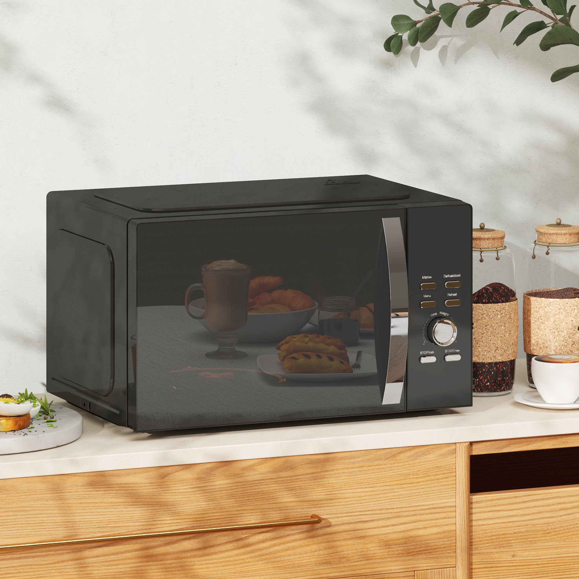 HOMCOM 23L 800W Microwave Oven, Digital Solo Microwave with 5 Power Levels, Automatic Defrost, 8 Auto Cook Menus, 60 Minutes Timer, Clock, Easy Clean, Small Black Microwave - North Peak Garden Furniture