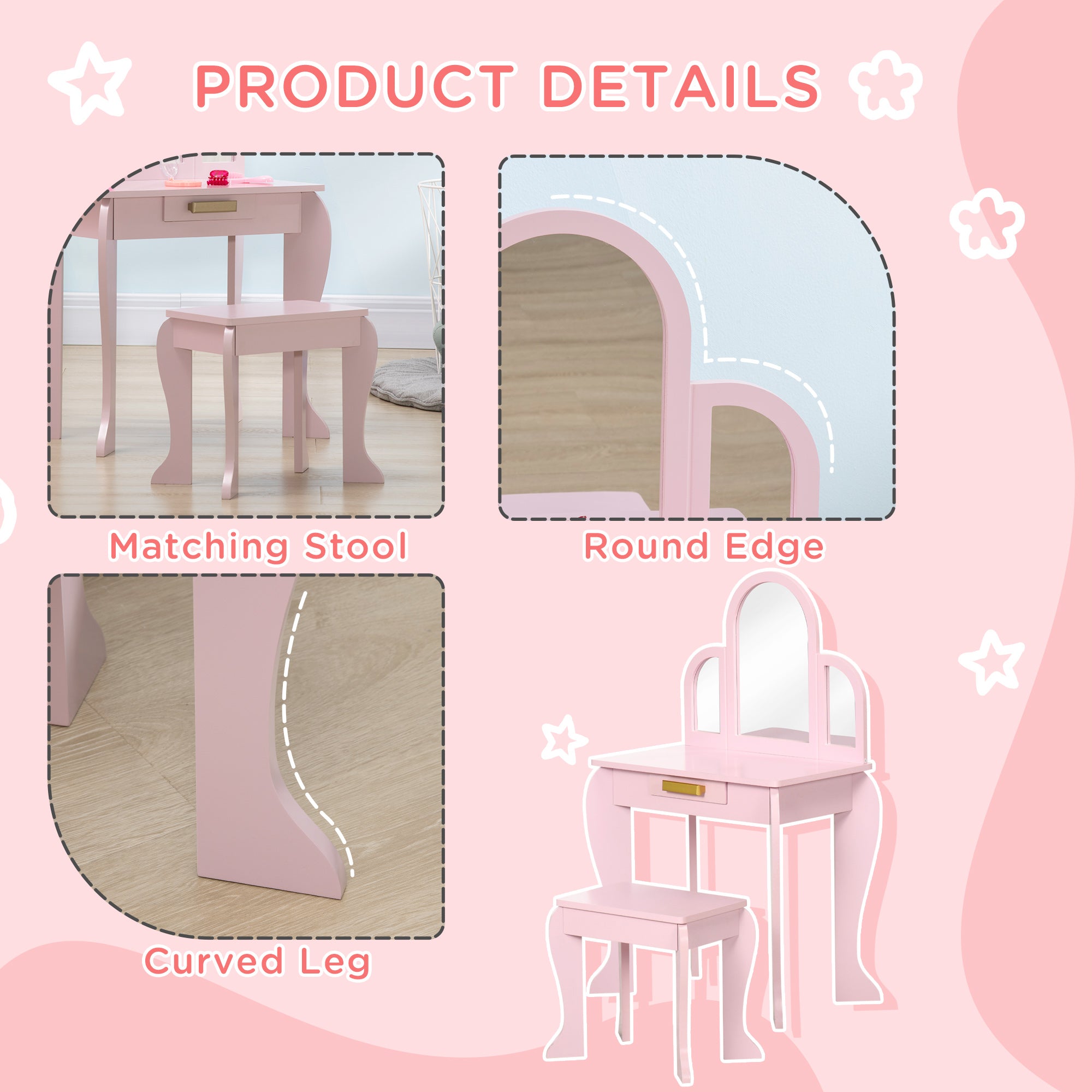 HOMCOM Kids Dressing Table Set, with Mirror and Drawer - Pink - North Peak Garden Furniture