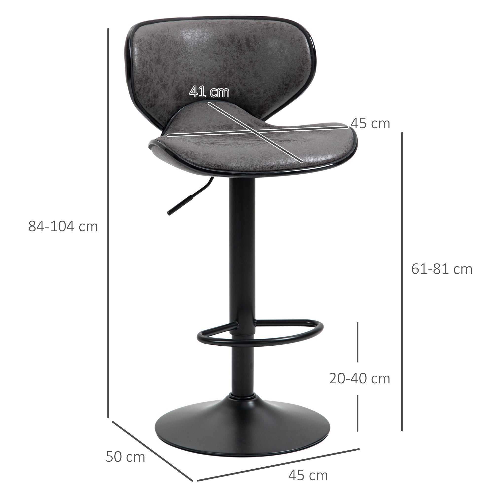 HOMCOM Adjustable Bar Stools Set of 2, Swivel Leathaire Upholstered Barstools with Large Seat, Breakfast Bar Chairs with Back, Footrest and Steel Base, Dark Grey - North Peak Garden Furniture