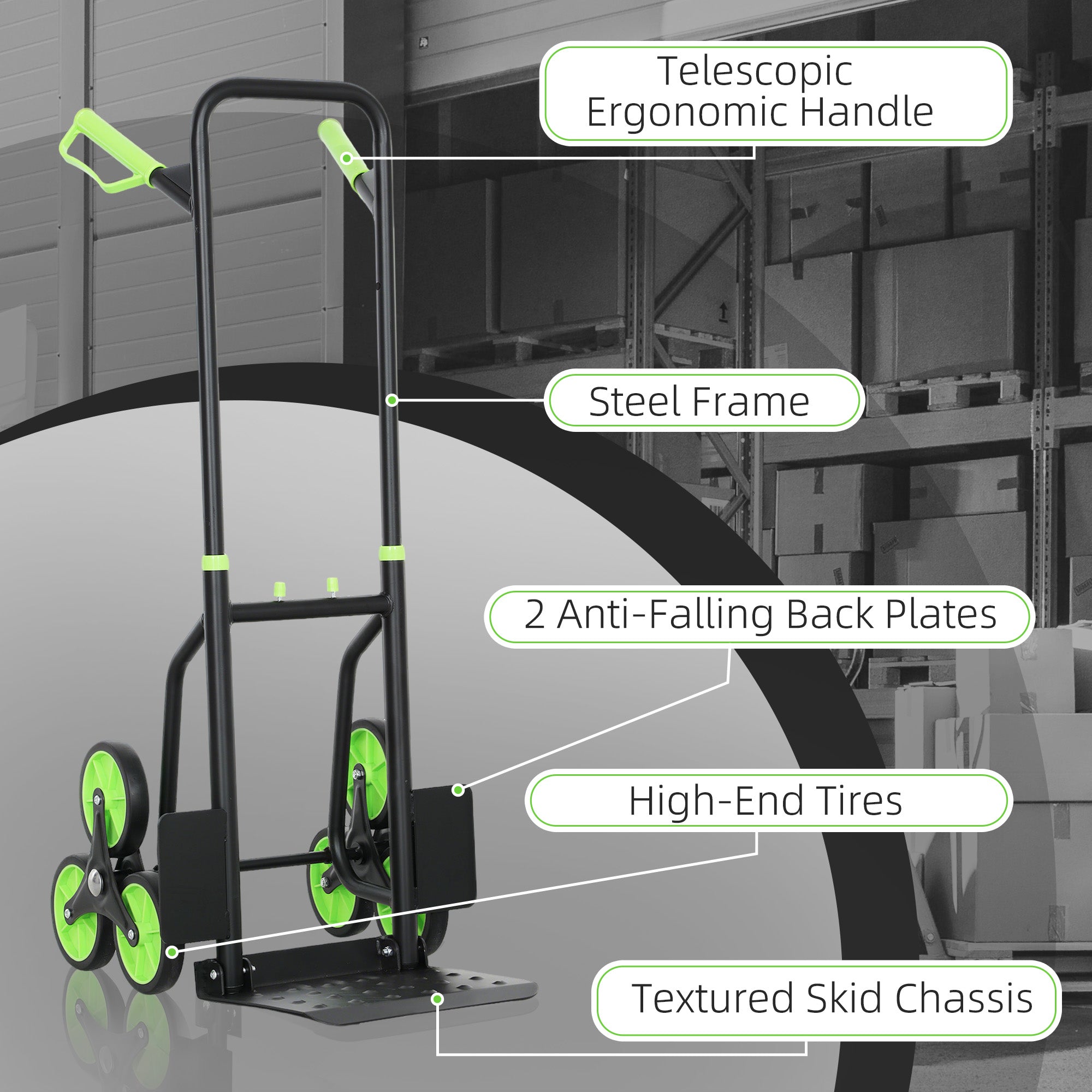 DURHAND Steel Climbing Stairs Trolley Hand Trucks 6-Wheels Foldable Load Cart 120kg, Green - North Peak Garden Furniture