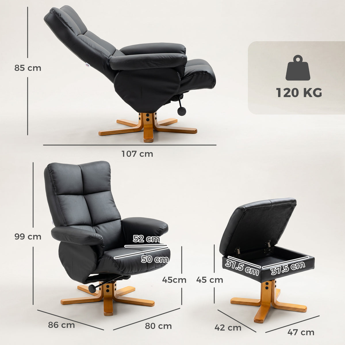 HOMCOM PU Leather Swivel Recliner Chair with Footstool, Wooden Base and Storage for Living Room, Black