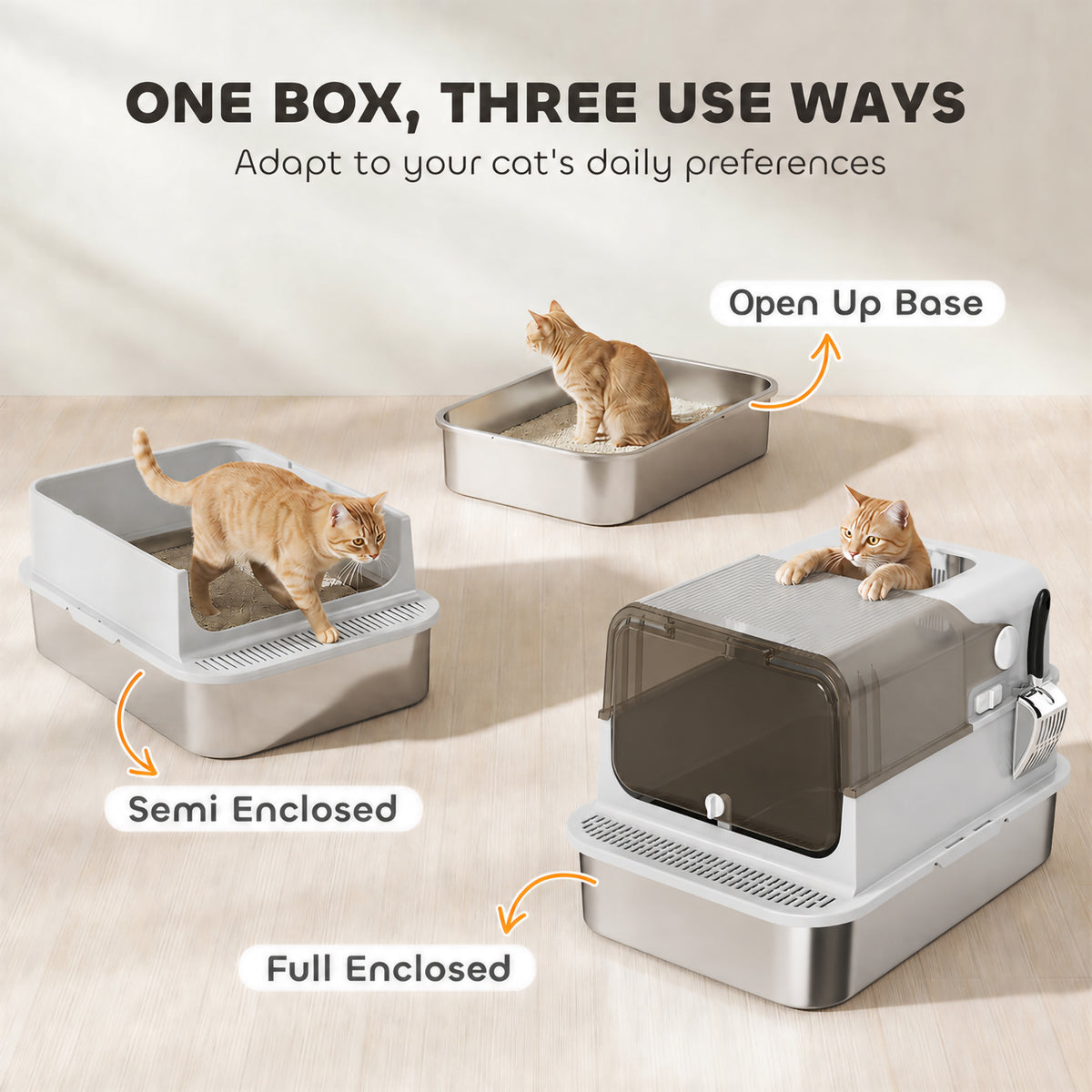 PawHut XXL Stainless Steel Cat Litter Tray, Enclosed Cat Litter Box with 90° Flip Cover, Double Doors, Scoop, Easy Clean, Grey