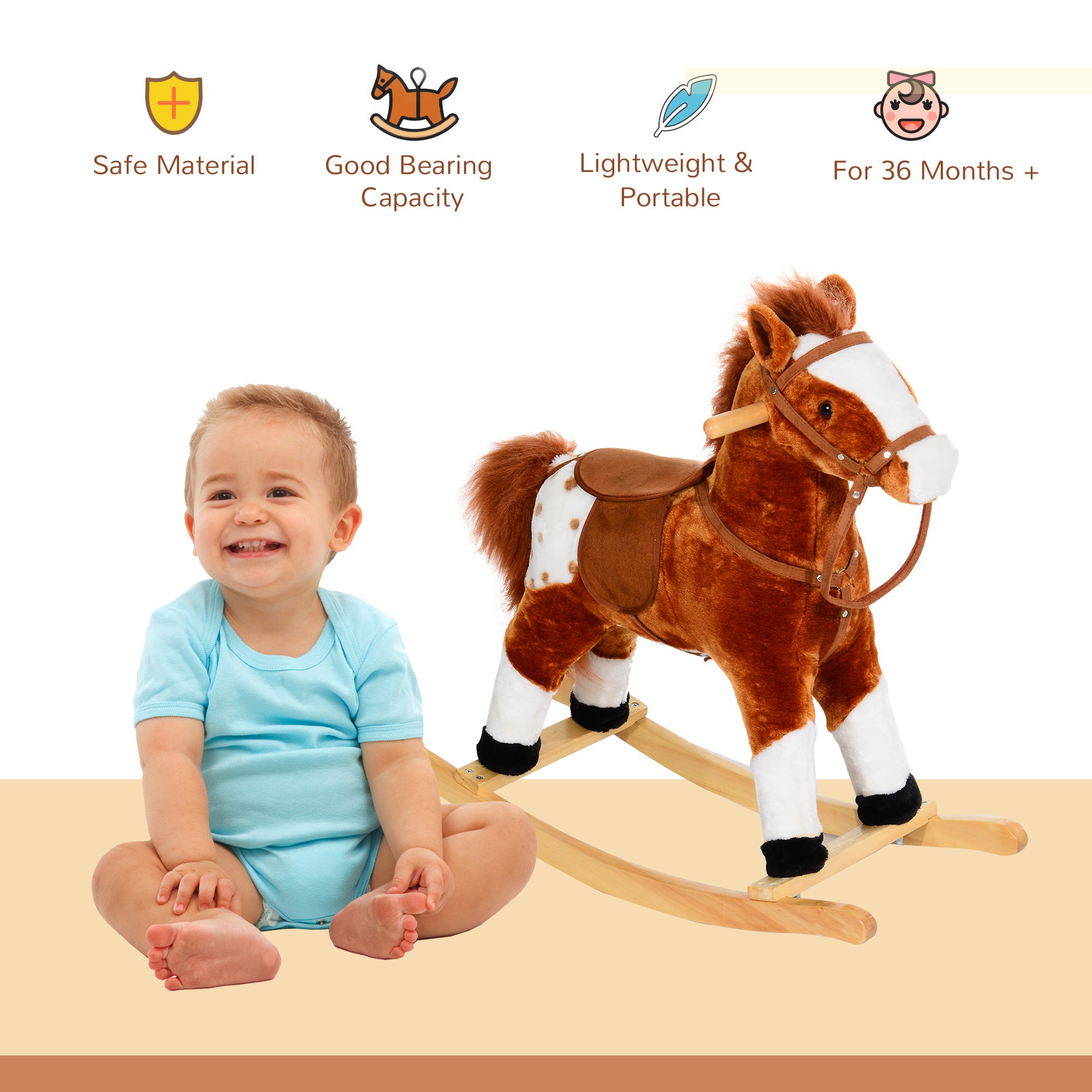 HOMCOM Baby Rocking Horse Plush Ride on Animals Rocker with Sound Handle Grip for kids 3-6 years - Brown