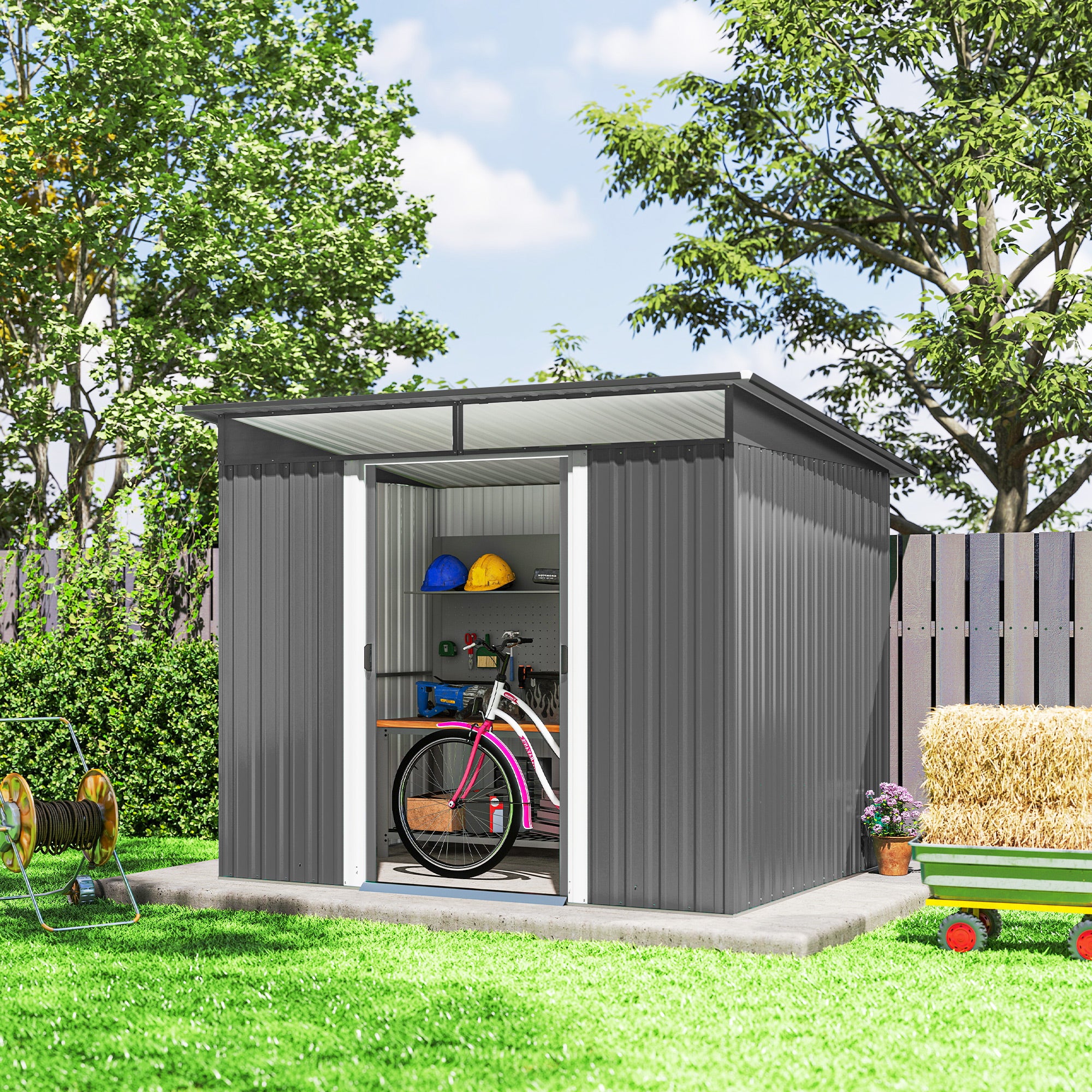 Outsunny 9ft x 6.5ft Garden Storage Shed with Top Window, Metal Outdoor Shed Tool House with Double Doors, Light Grey