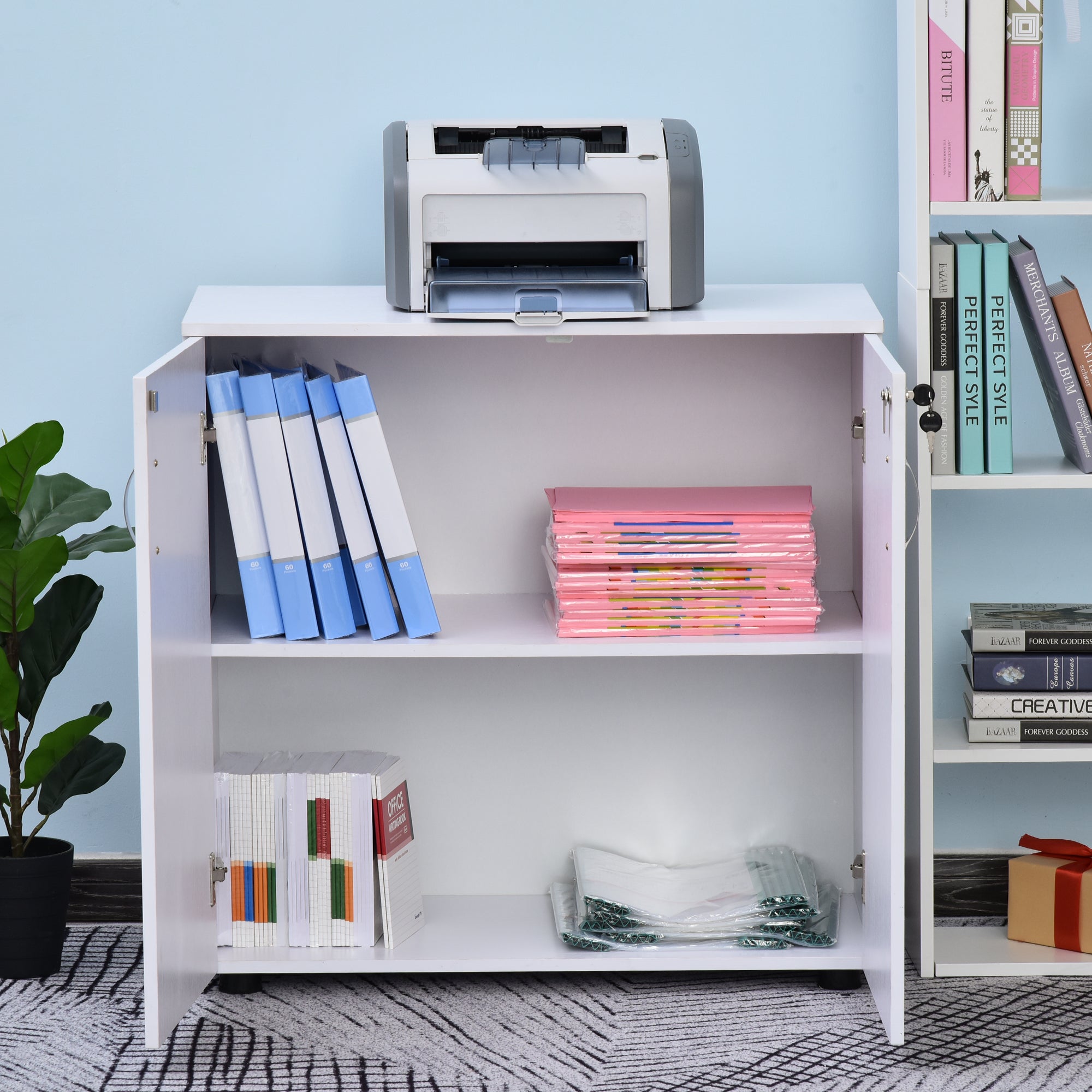 Vinsetto Lockable Office Storage Cabinet 2-Tier Filing Cabinet w/ Feet 2 Keys Melamine Coating Aluminium Handles Home Office Printer Stand White