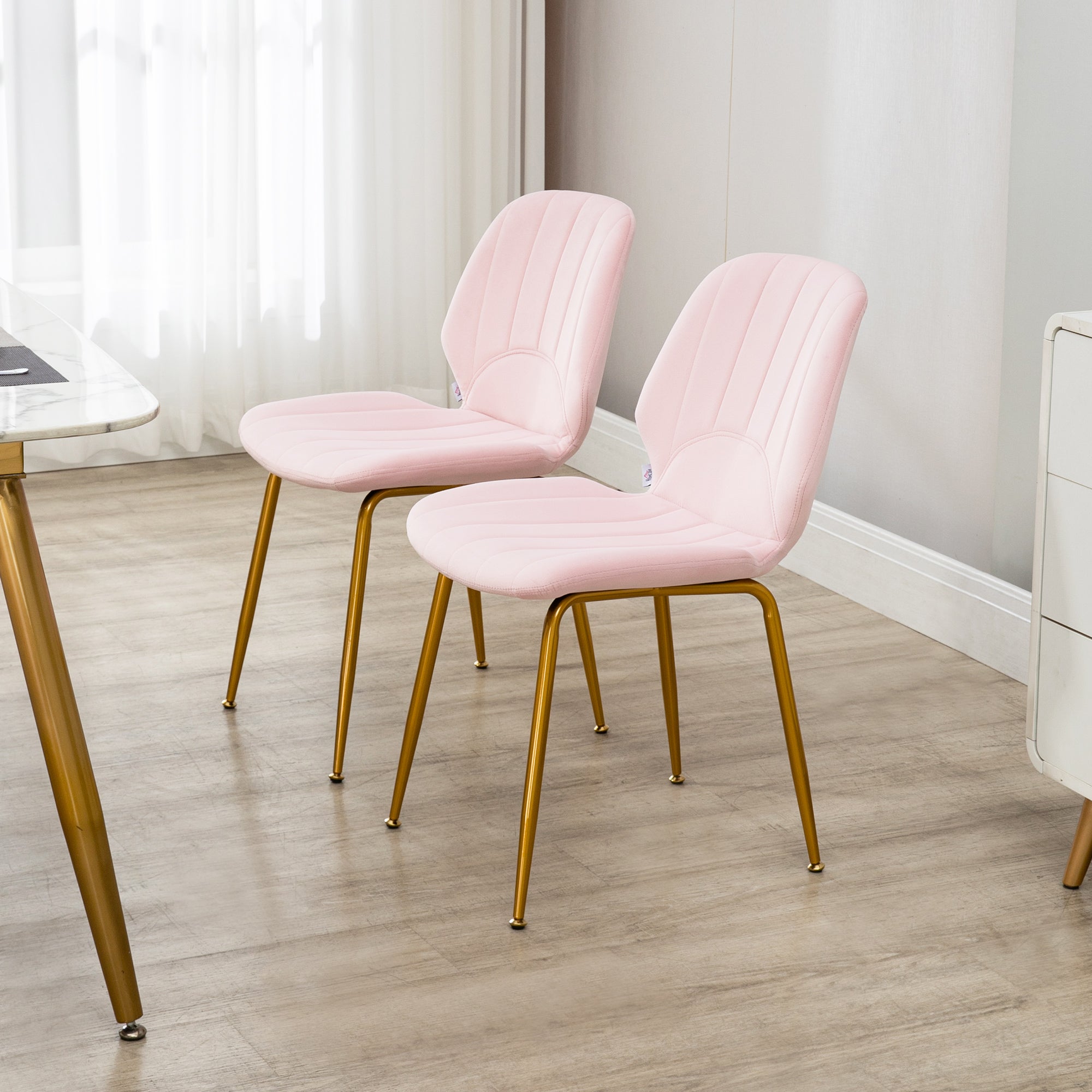 HOMCOM Velvet Dining Chairs Set of 2, 2 Piece Dining Room Chairs with Backrest, Padded Seat and Steel Legs, Pink - North Peak Garden Furniture