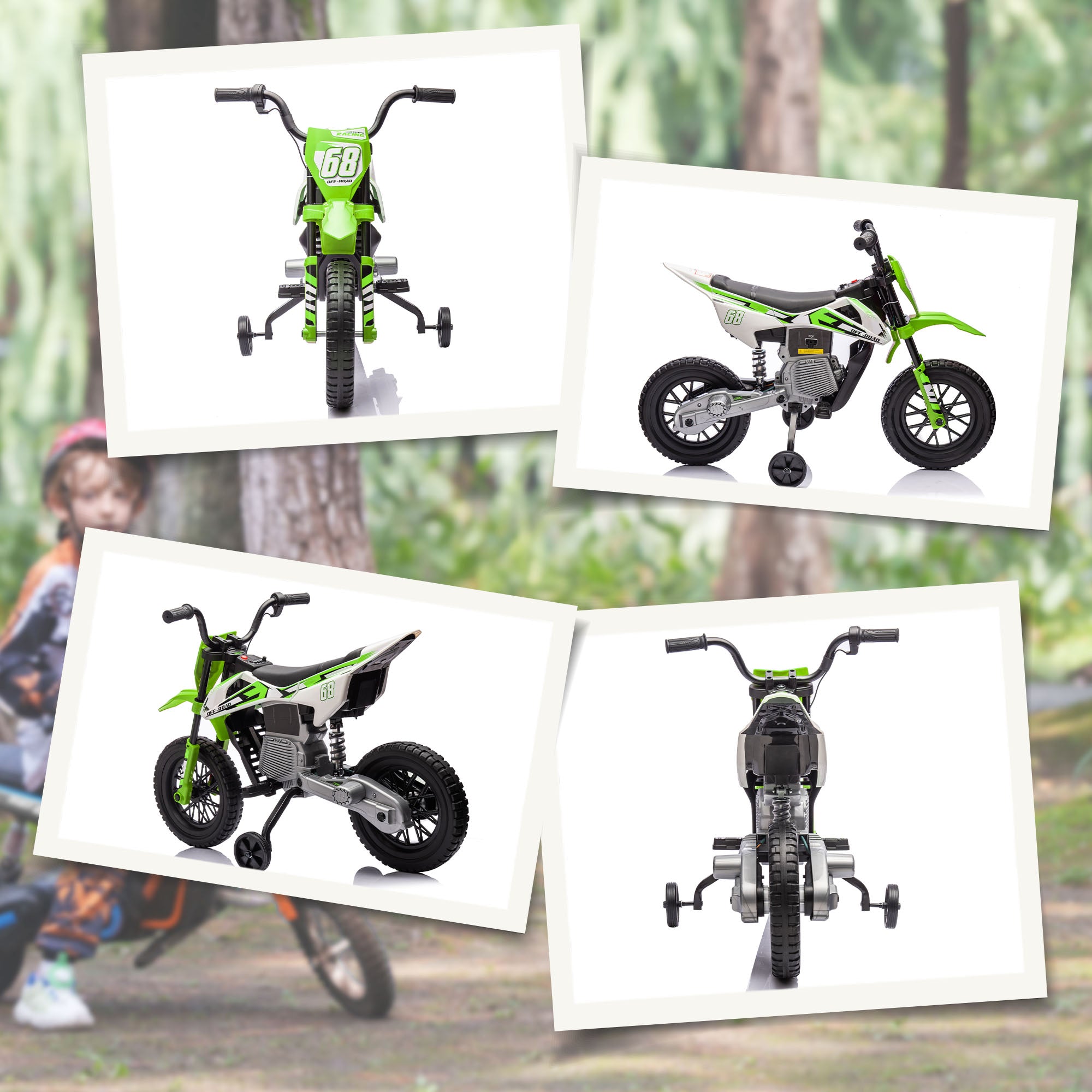 AIYAPLAY 12V Kids Electric Motorbike, Kids Electric Ride on motorcycle w/ Twist Grip Throttle, Training Wheels, Green - North Peak Garden Furniture