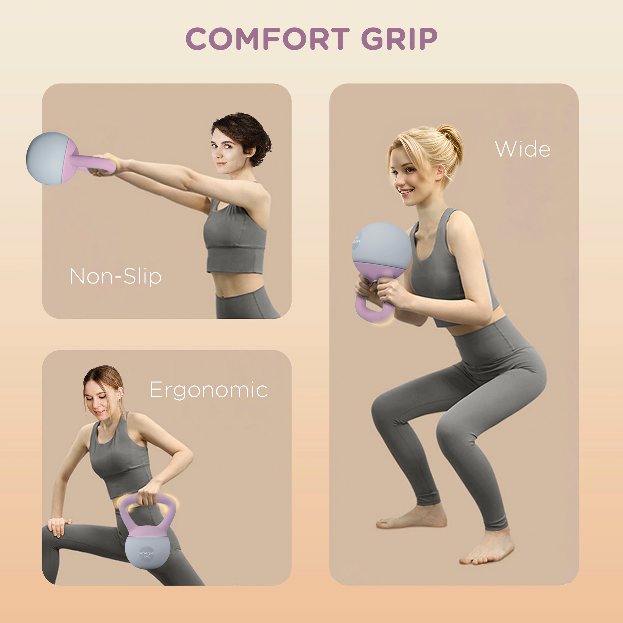 SPORTNOW Soft Kettlebell, 4kg Kettle Bell with Non-Slip Handle for Home Gym Weight Lifting and Strength Training, Purple and Grey - North Peak Garden Furniture