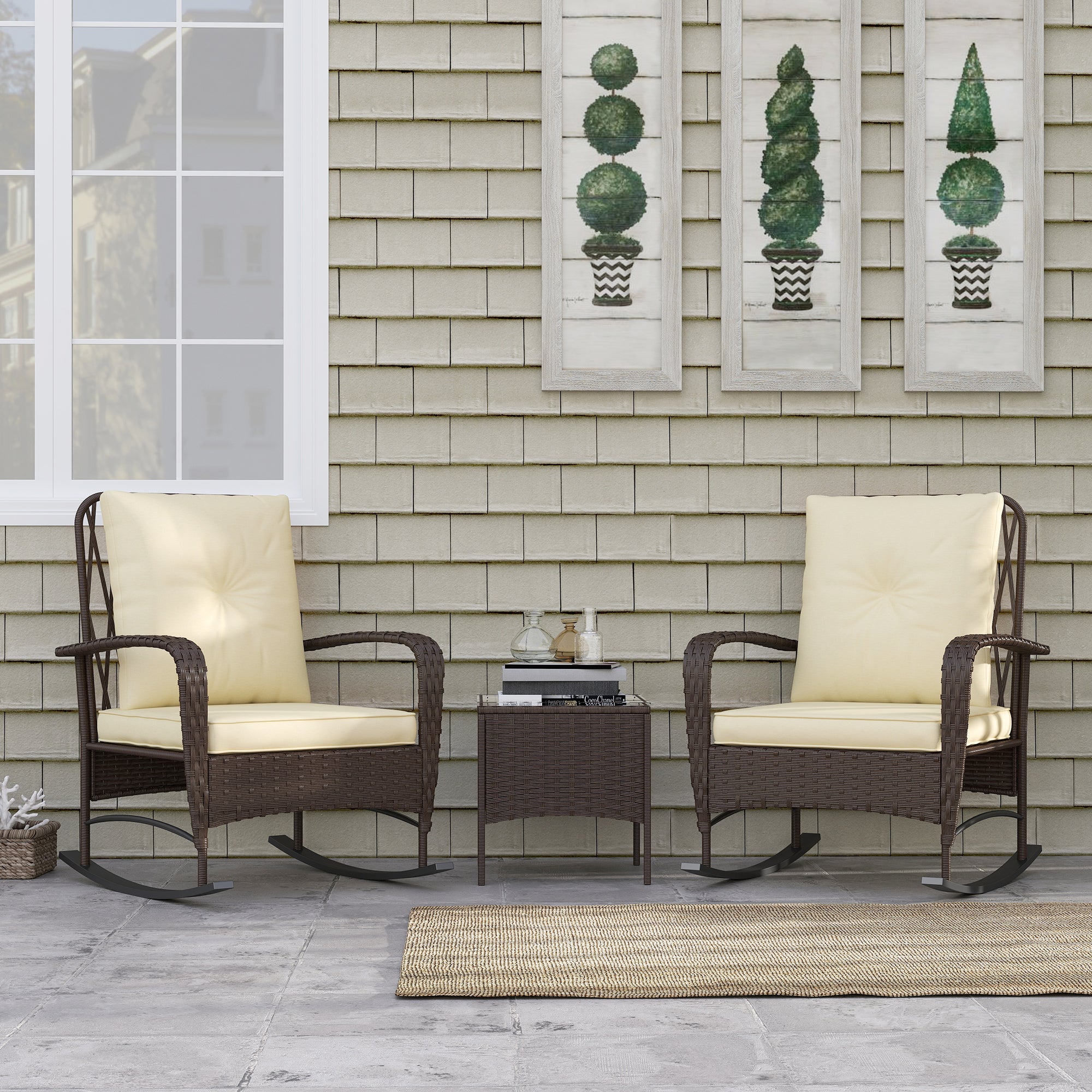 Outsunny Three-Piece Rocking Chair Rattan Bistro Set - Brown