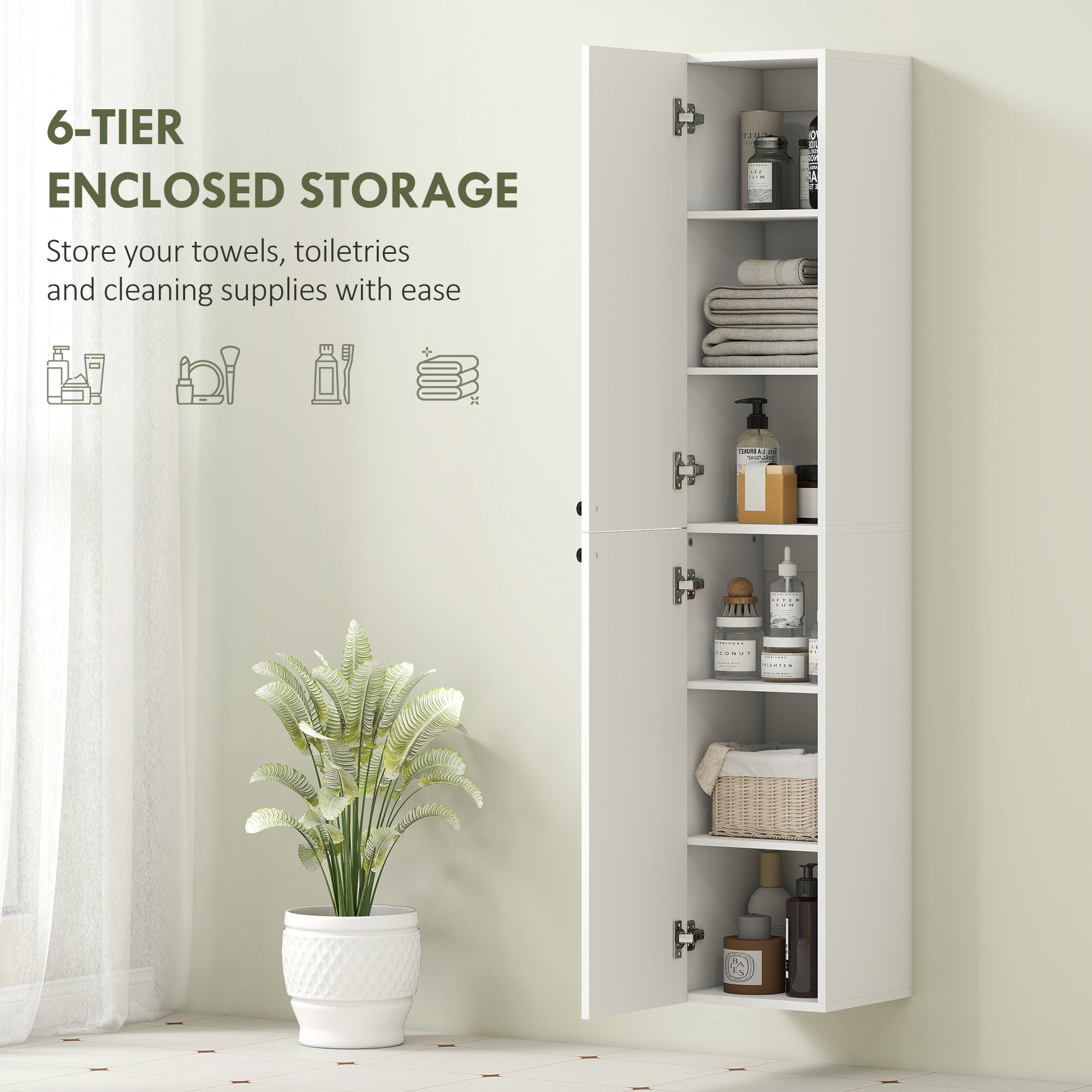 HOMCOM Wall Mounted Tall Bathroom Storage Cabinet with Soft-Close Hinges, Slim Bathroom Cabinet with 2 Doors, White