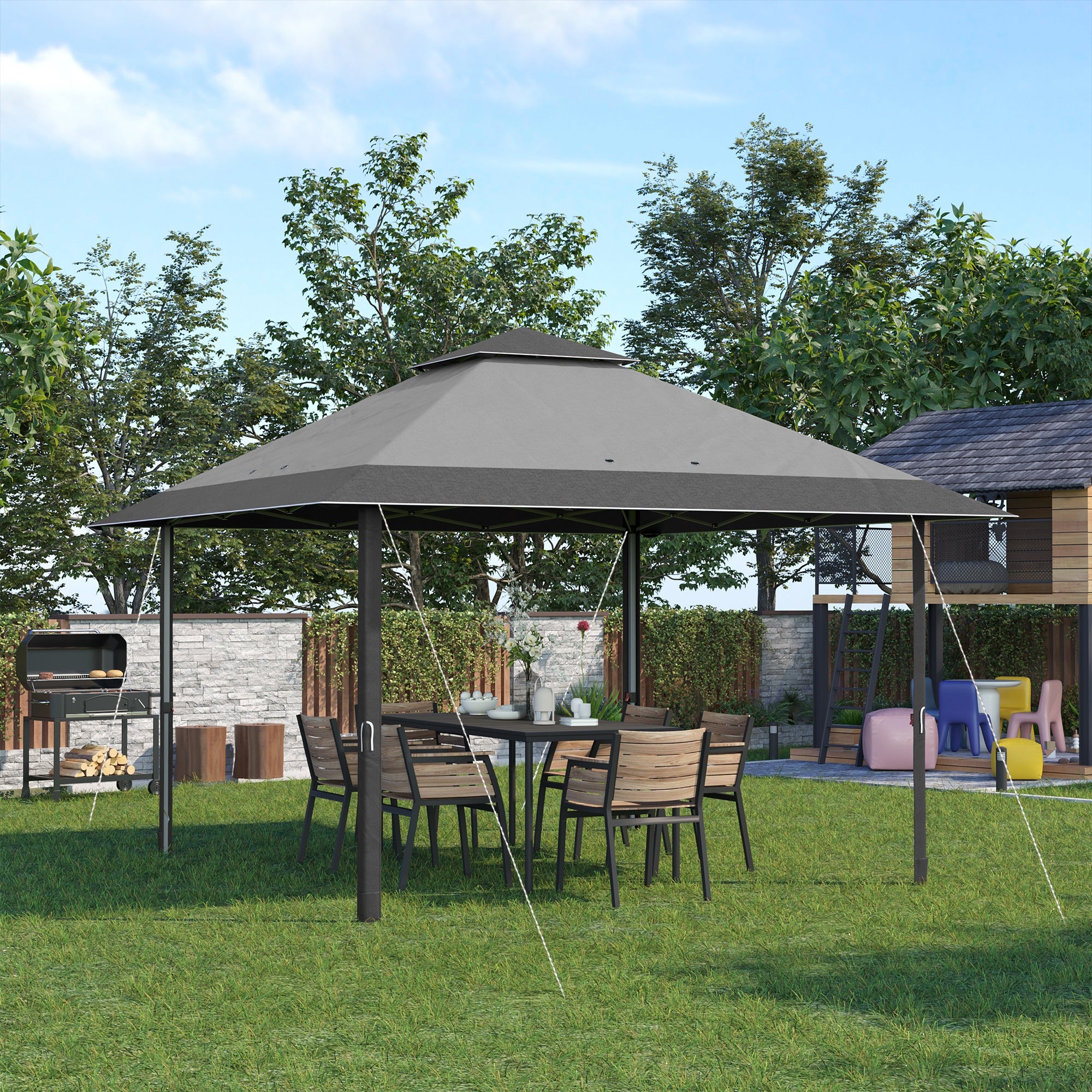 Outsunny 4 x 4m Pop-up Gazebo Double Roof Canopy Tent with UV Proof, Roller Bag & Adjustable Legs Outdoor Party, Steel Frame, Grey - North Peak Garden Furniture