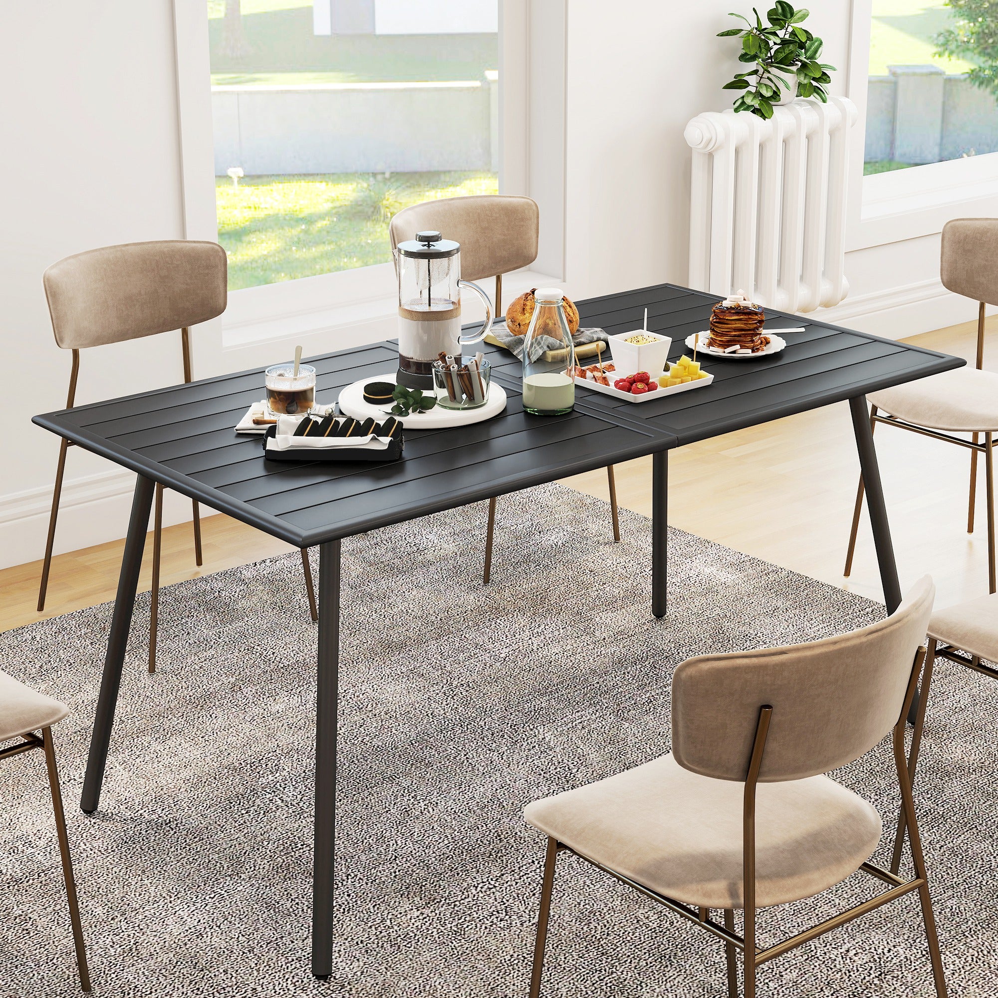 Outsunny Rectangle Garden Table with Slat Top, Steel Frame, Outdoor Table for 6 Person, 150 x 80 x 74 cm, Black - North Peak Garden Furniture