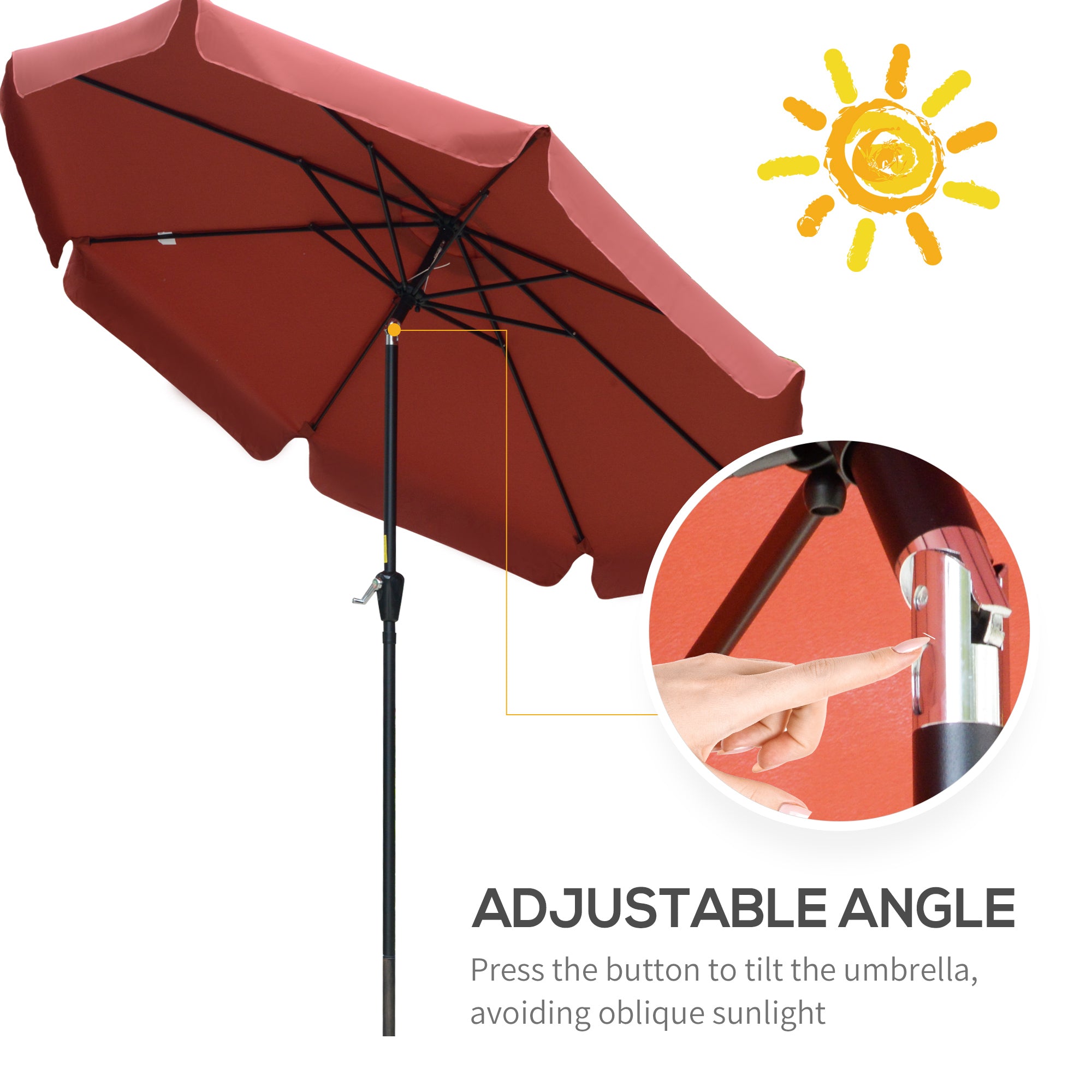 Outsunny 2.7m Patio Parasol Garden Umbrellas Outdoor Sun Shade Table Umbrella with Tilt, Crank, 8 Ribs, Ruffles, Wine Red - North Peak Garden Furniture