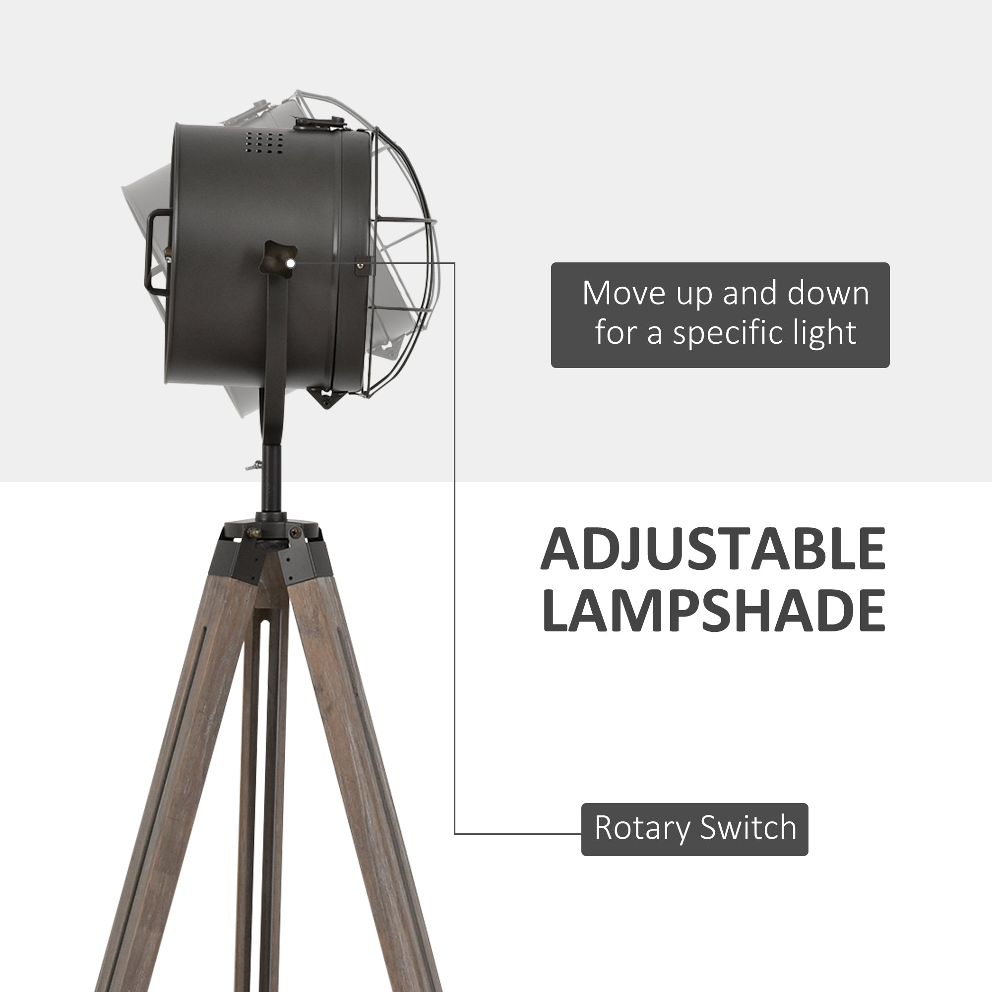 HOMCOM Industrial Style Adjustable Tripod Floor Lamp for Living Room Bedroom, Vintage Spotlight Reading Lamp with Wood Legs, 115-155cm, Grey - North Peak Garden Furniture