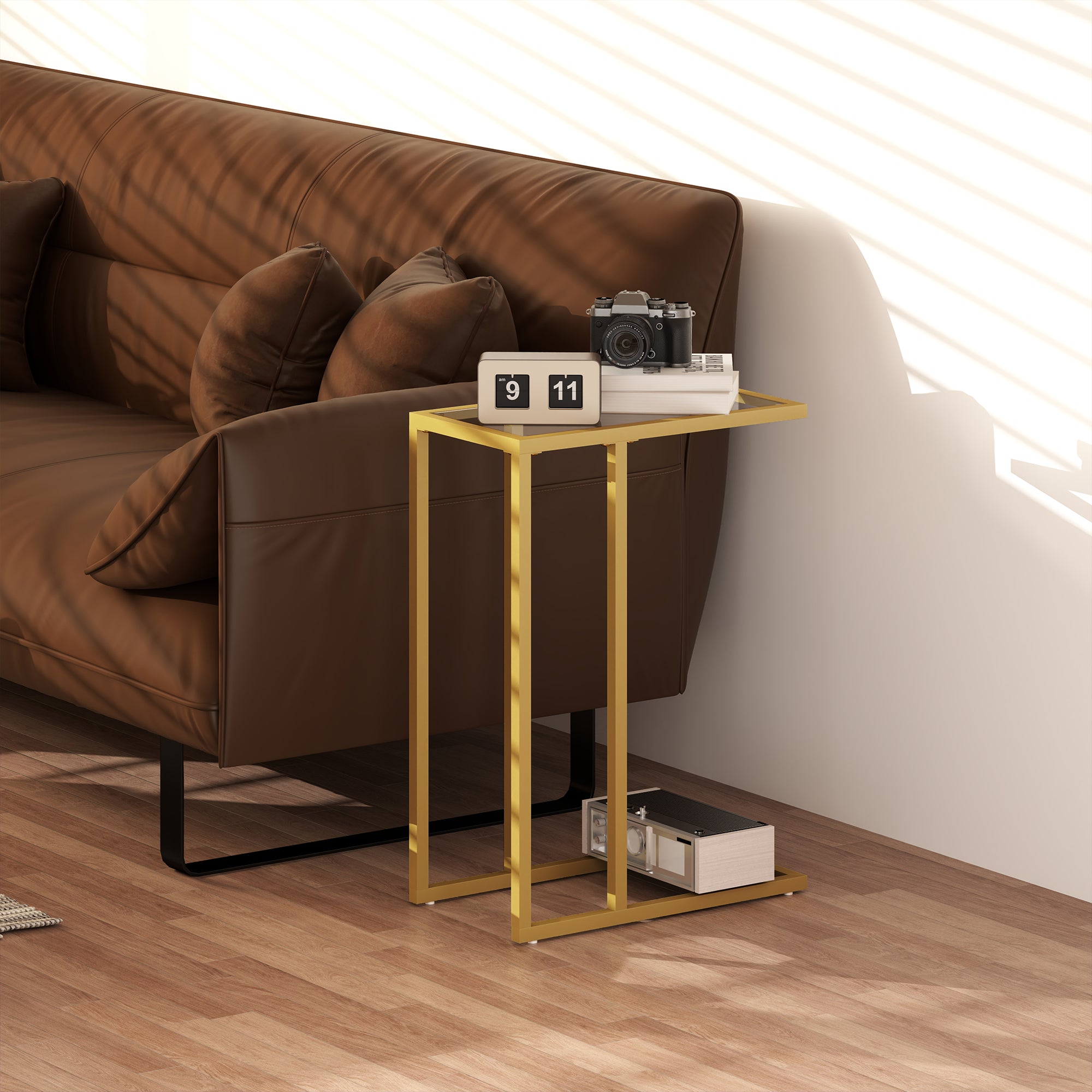 HOMCOM C-Shaped Side Table, Modern Slim End Table with Tempered Glass Tabletop, Steel Frame for Small Space, Living Room, Bedroom, Gold Tone - North Peak Garden Furniture