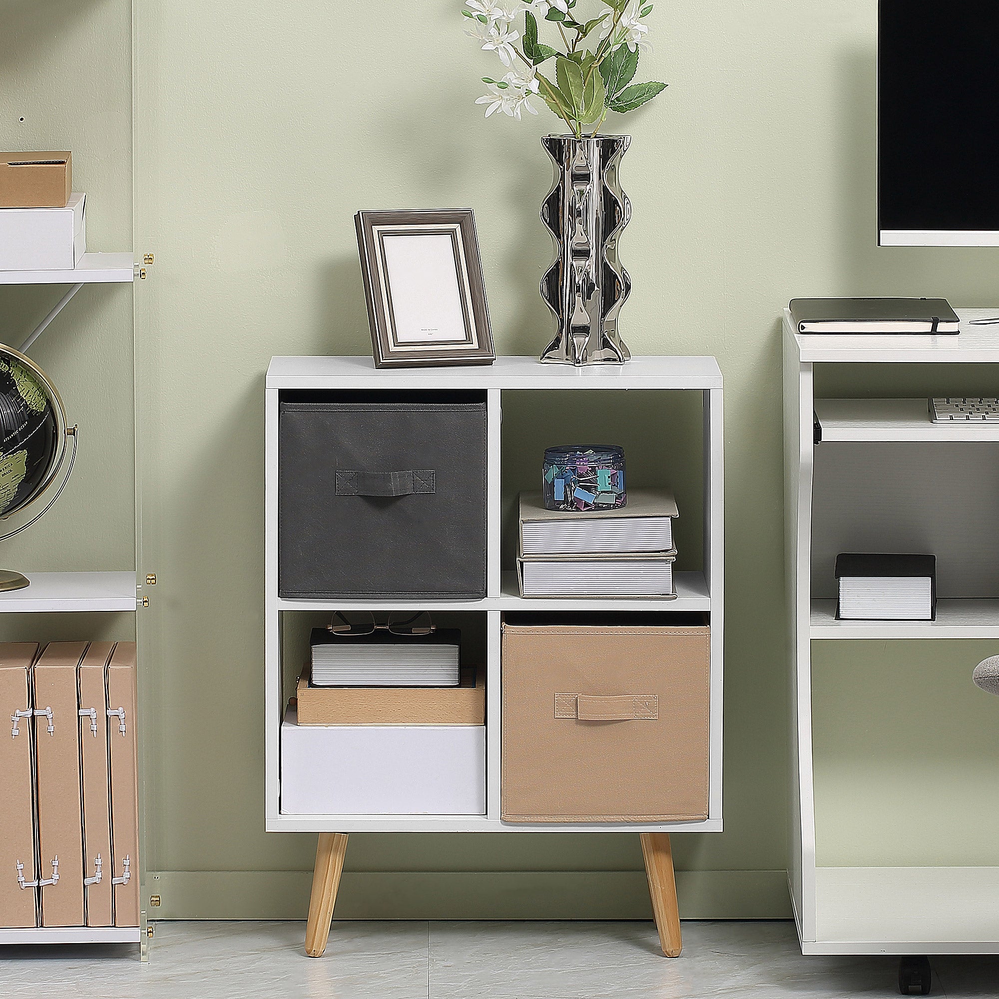 HOMCOM Freestanding 4 Cube Unit Cabinet Unit w/ 3 Fabric Drawers Handles Home Office Storage Shelves - North Peak Garden Furniture