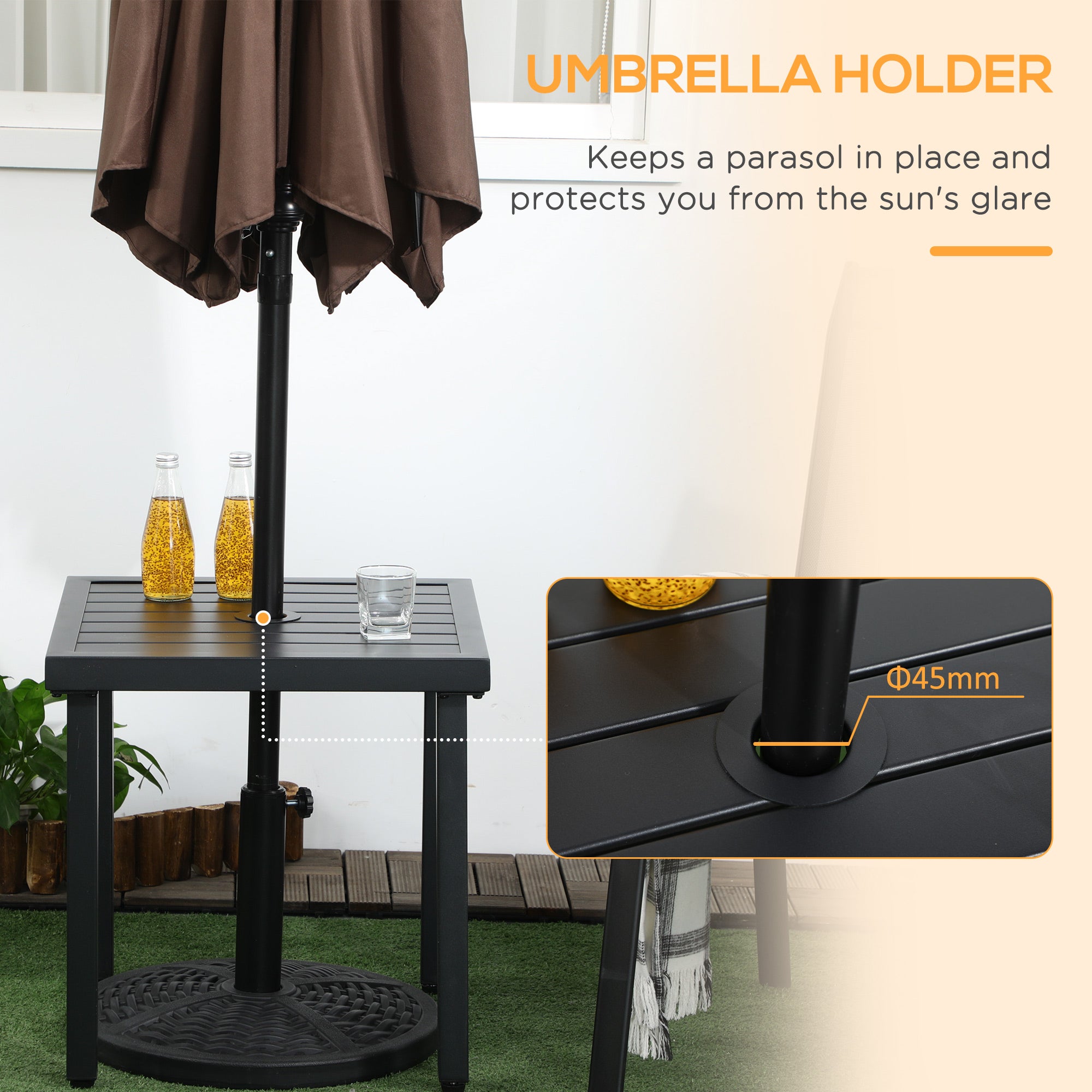 Outsunny Garden Side Table End Table Patio Coffee Table with Umbrella Hole, Steel Frame for Balcony, Black - North Peak Garden Furniture