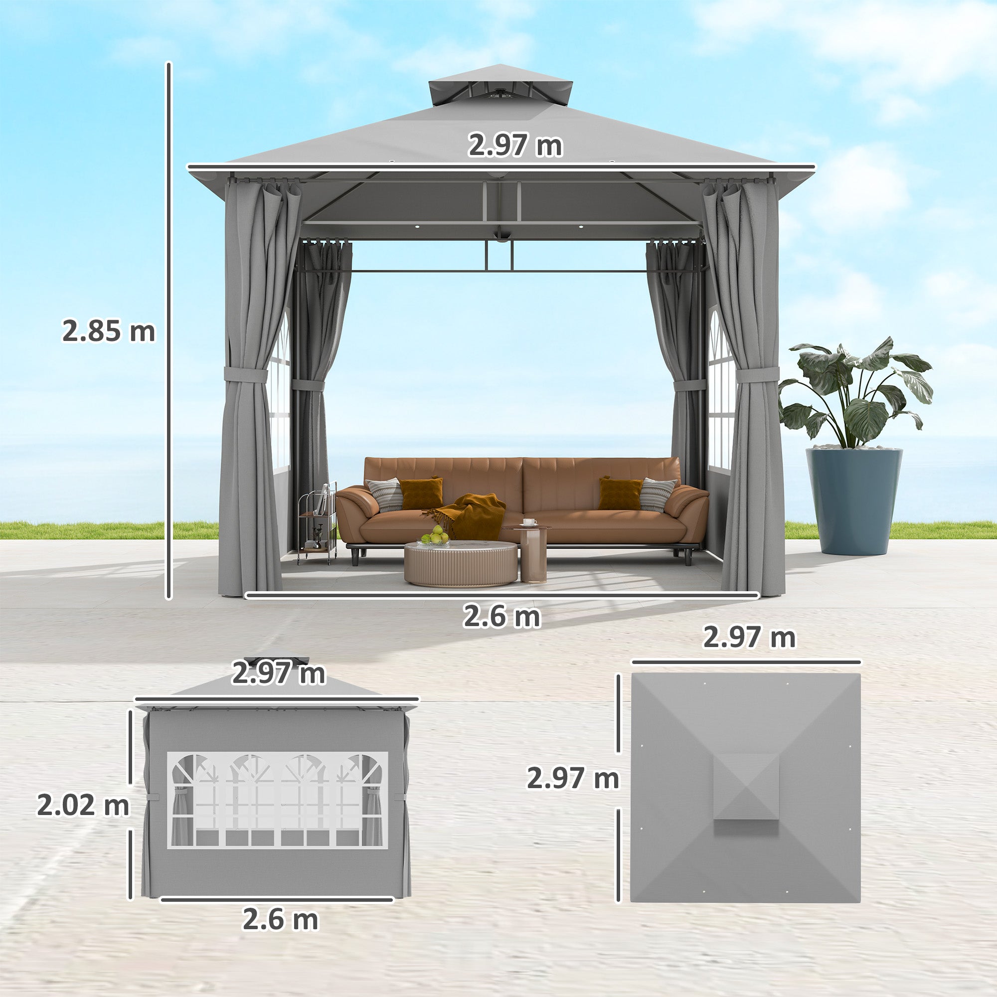 Outsunny 3 x 3 m Garden Gazebo, Double Roof Metal Gazebo with Removable Sidewalls and Church Windows, Outdoor Canopy Shelter, Light Grey - North Peak Garden Furniture