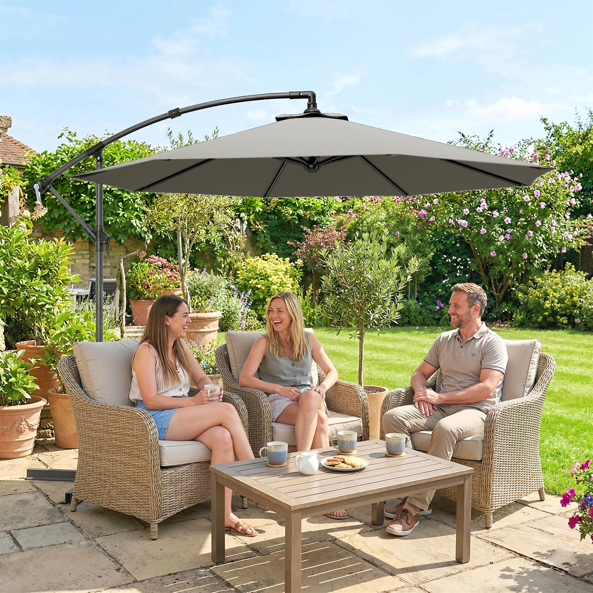 Outsunny 3m Overhanging Cantilever Parasol, with Cross Base - Light Grey