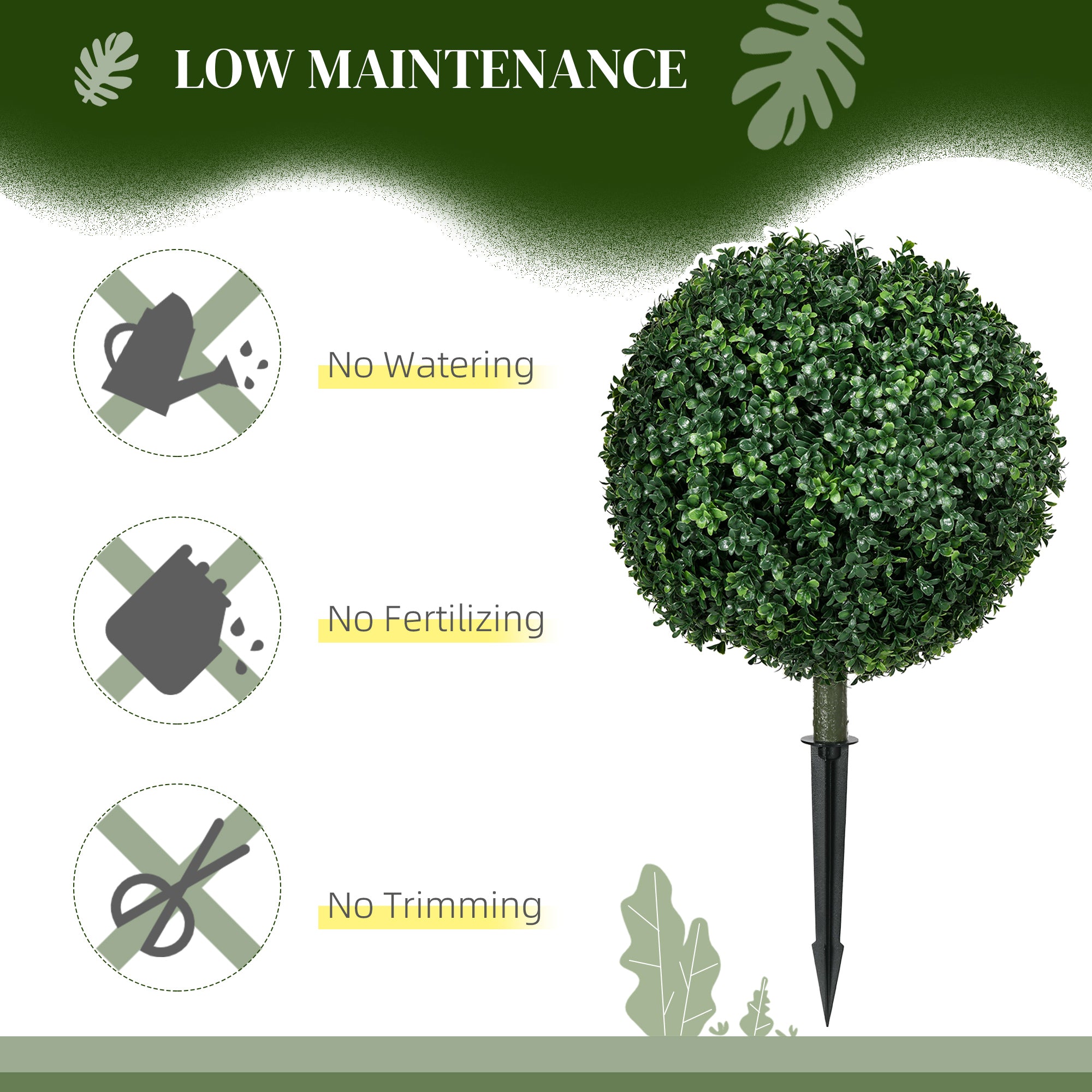 HOMCOM Artificial Boxwood Trees w/ Ground Stake, Set of 2 Ball Shaped Topiary Trees for Home Office & Living Room, UV Resistant