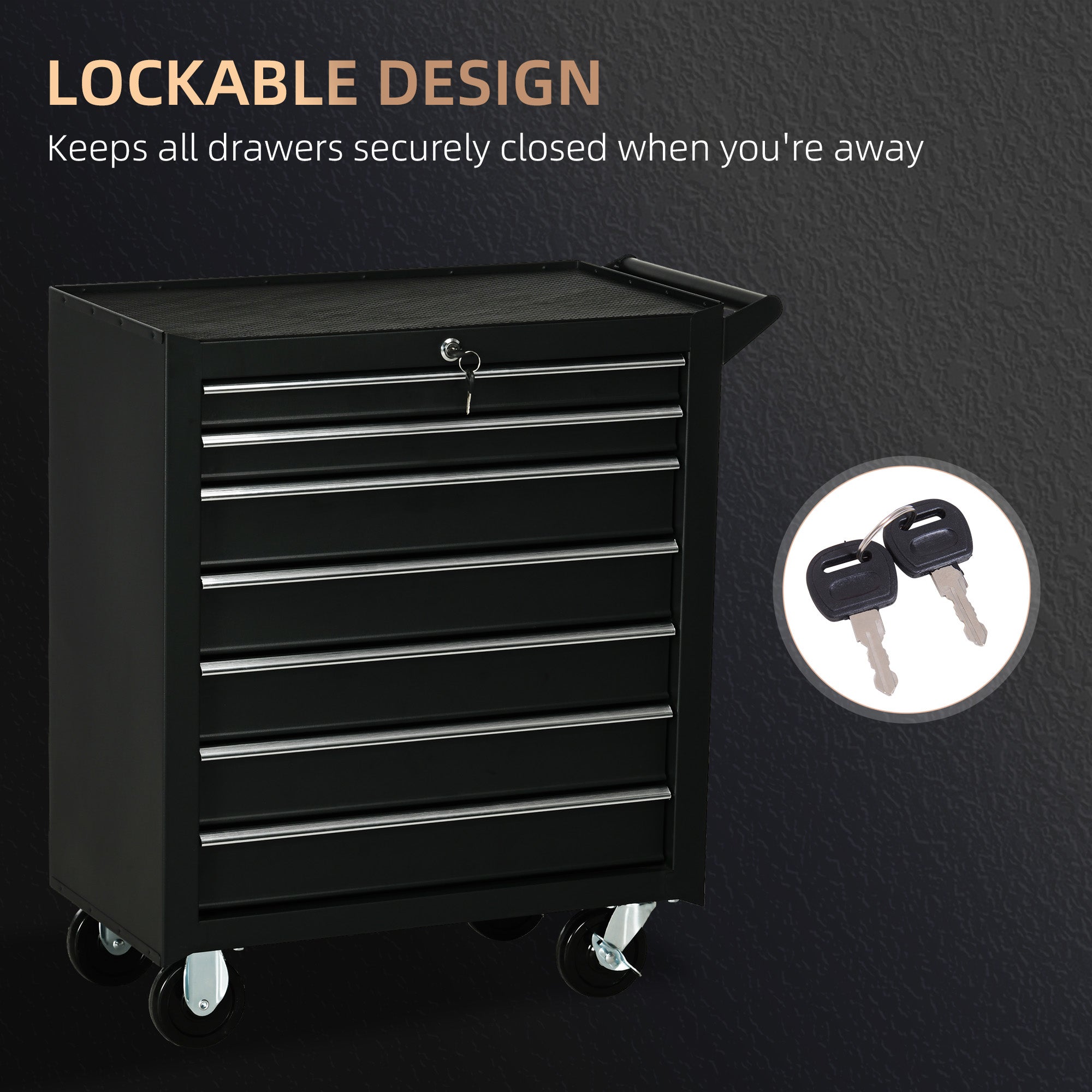 DURHAND 7-Drawer Rolling Tool Chest on Wheels, Lockable Tool Cabinet with Side Handle, Metal Tool Box Trolley for Garage, Workshop, Matte Black - North Peak Garden Furniture