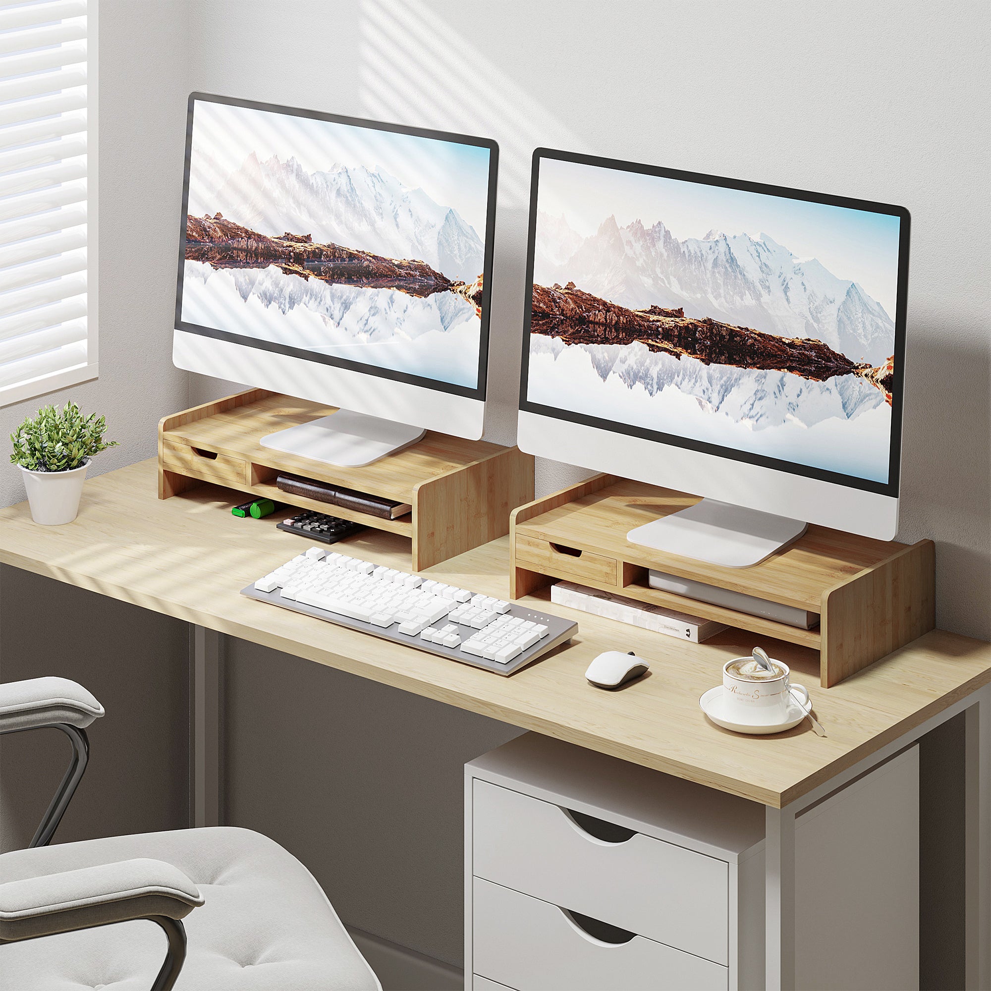 HOMCOM Monitor Riser Laptop PC Plinth Stand TV Computer Desktop Organiser W/ Drawer Bamboo - North Peak Garden Furniture