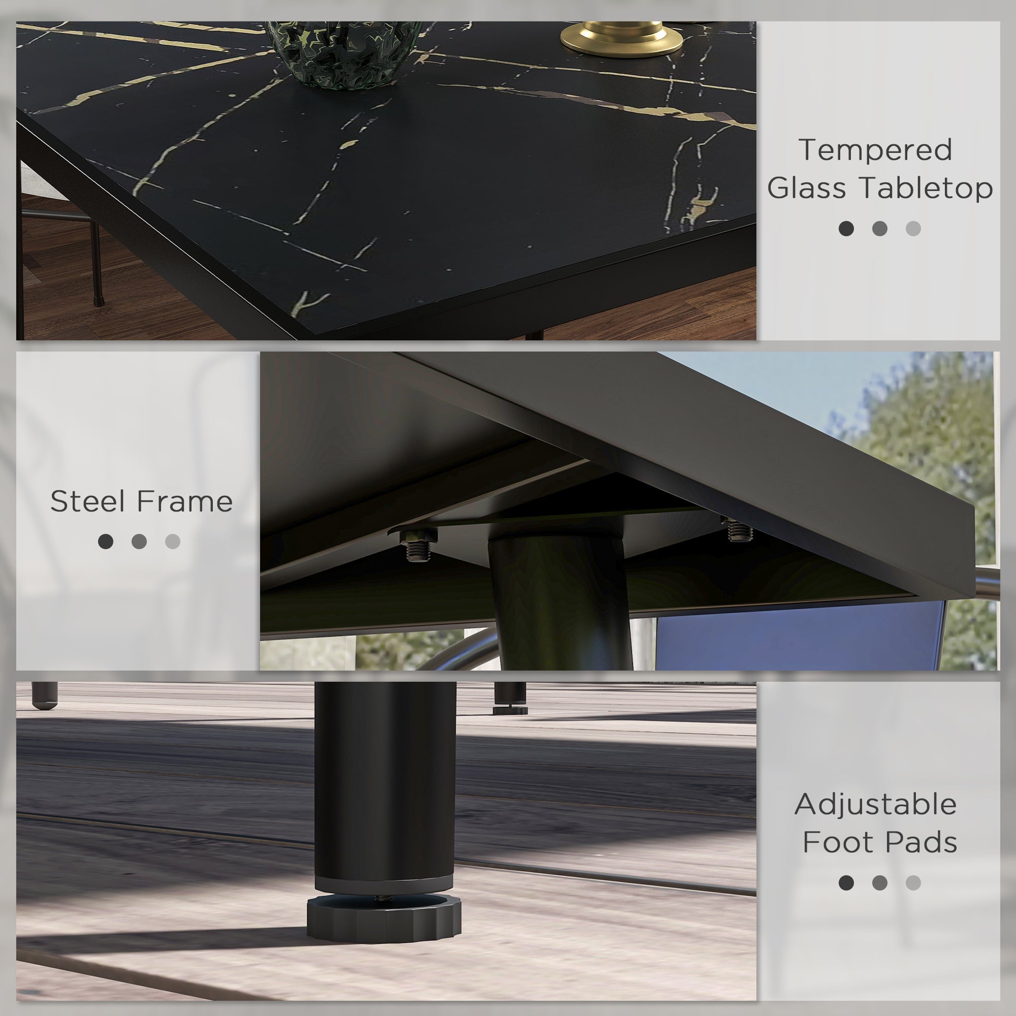Outsunny Square Garden Table, Outdoor Dining Table for 4 with Marble Effect Tempered Glass Top and Steel Frame for Patio, Black - North Peak Garden Furniture