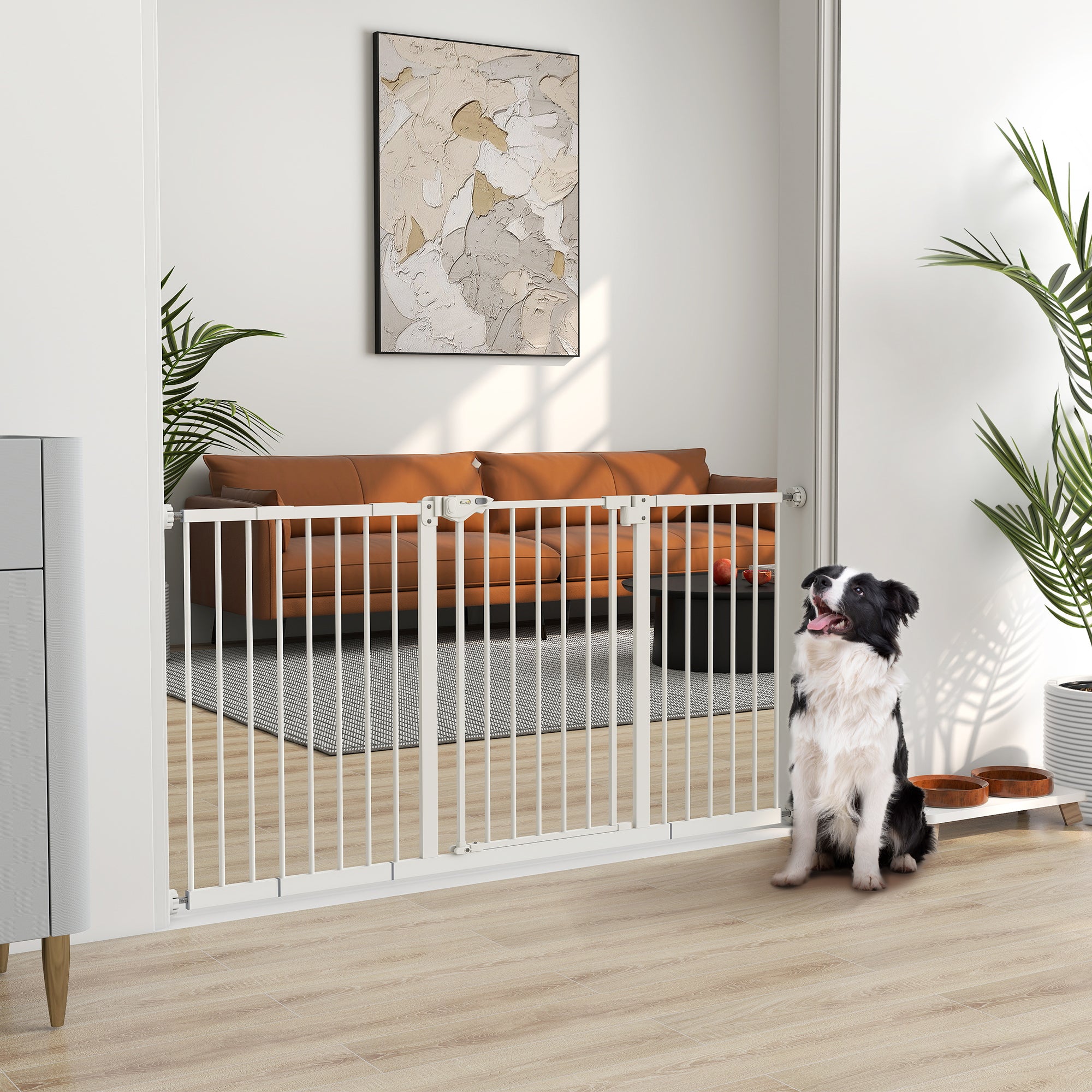 PawHut Dog Gate Stair Gate Pressure Fit Pets Barrier Auto Close for Doorway Hallway, 74-148cm Wide Adjustable, White - North Peak Garden Furniture