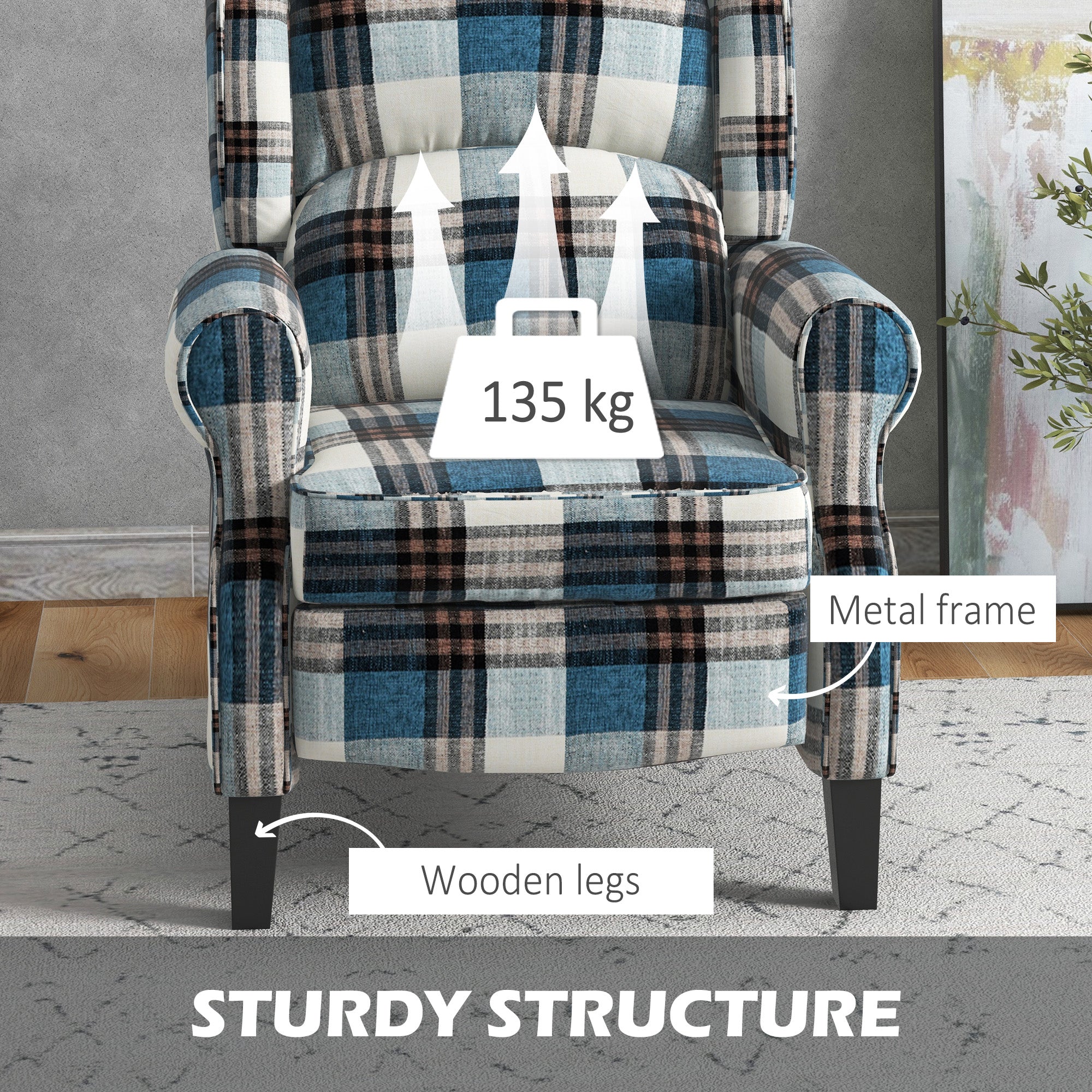 HOMCOM Wingback Reclining Chair Push Back Recliner Armchair for Living Room Bedroom with Footrest Armrests Wood Legs Blue - North Peak Garden Furniture