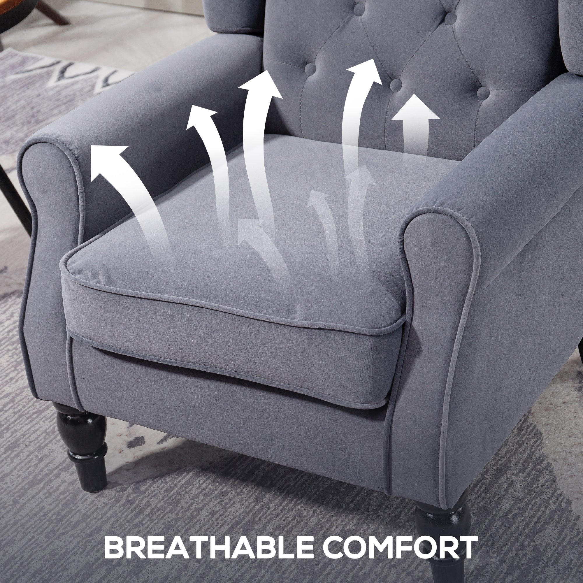 HOMCOM Wingback Accent Chair, Retro Upholstered Button Tufted Occasional Chair for Living Room and Bedroom, Charcoal Grey - North Peak Garden Furniture