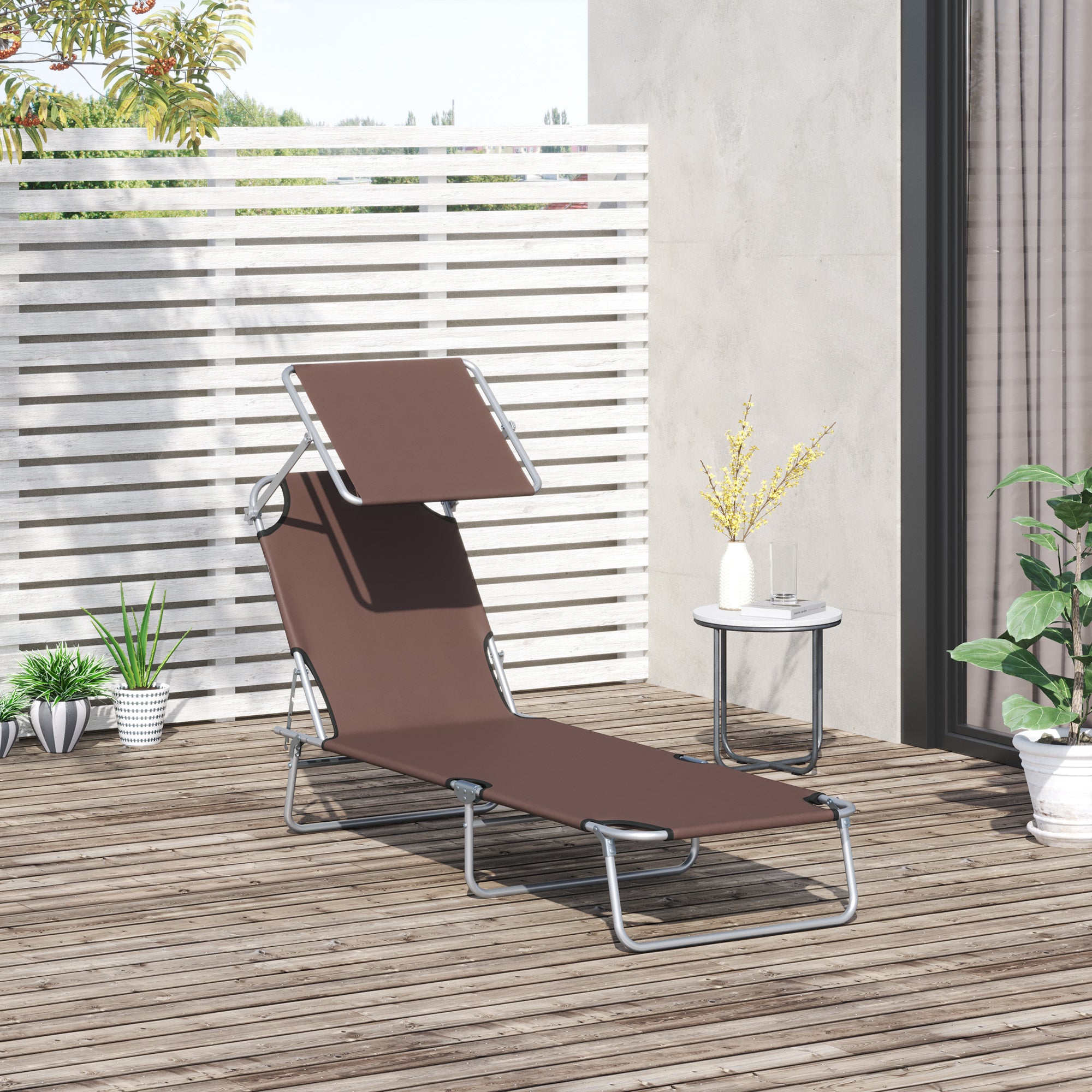 Outsunny Outdoor Foldable Sun Lounger, 4 Level Adjustable Backrest Reclining Sun Lounger Chair with Angle Adjust Sun Shade Awning for Beach, Garden, Patio, Brown - North Peak Garden Furniture
