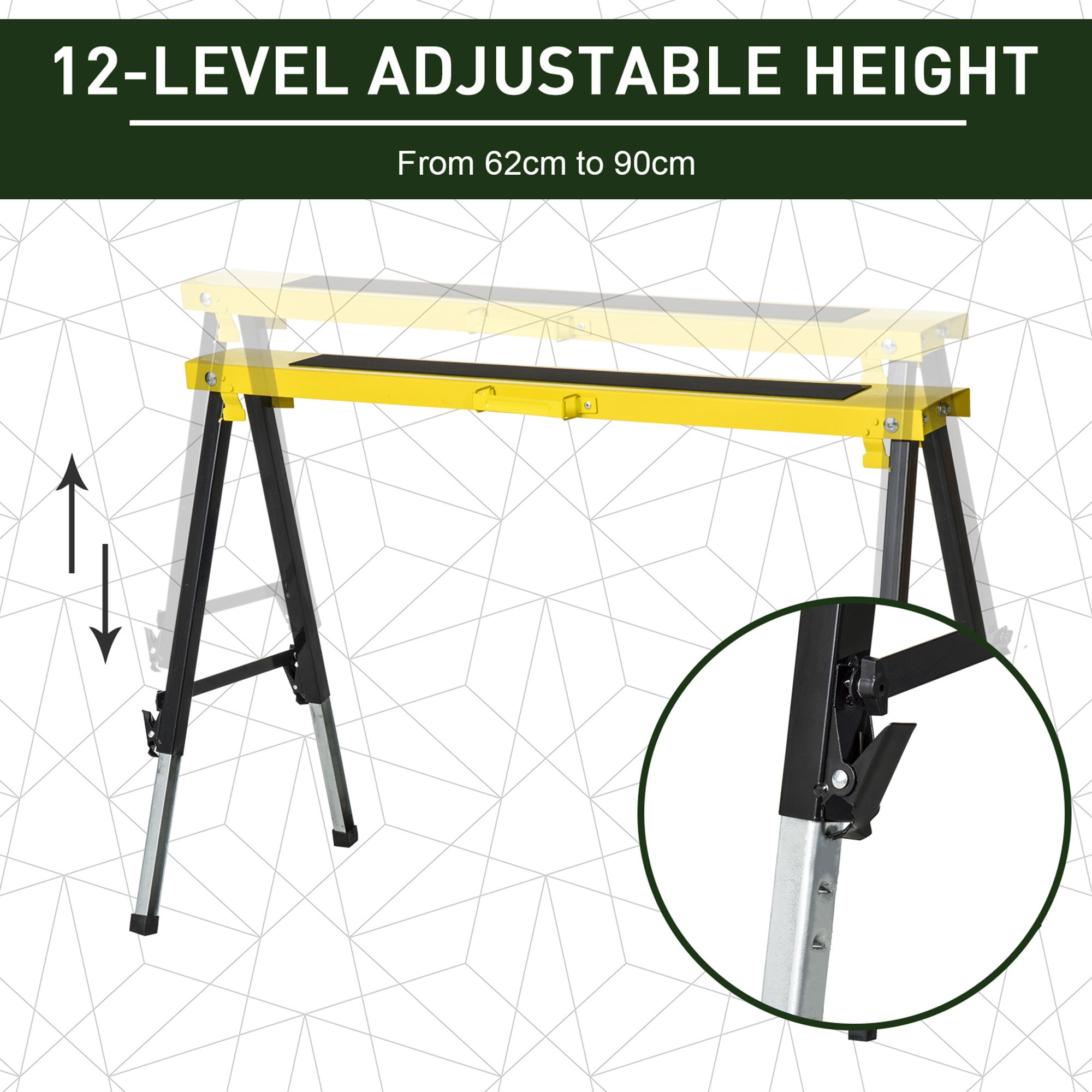DURHAND 2PCS Saw Horse Twin Pack Folding Workbench Adjustable Metal Trestle Stands with Non-slip EVA Surface for Sawing Work Max Load 100kg - North Peak Garden Furniture