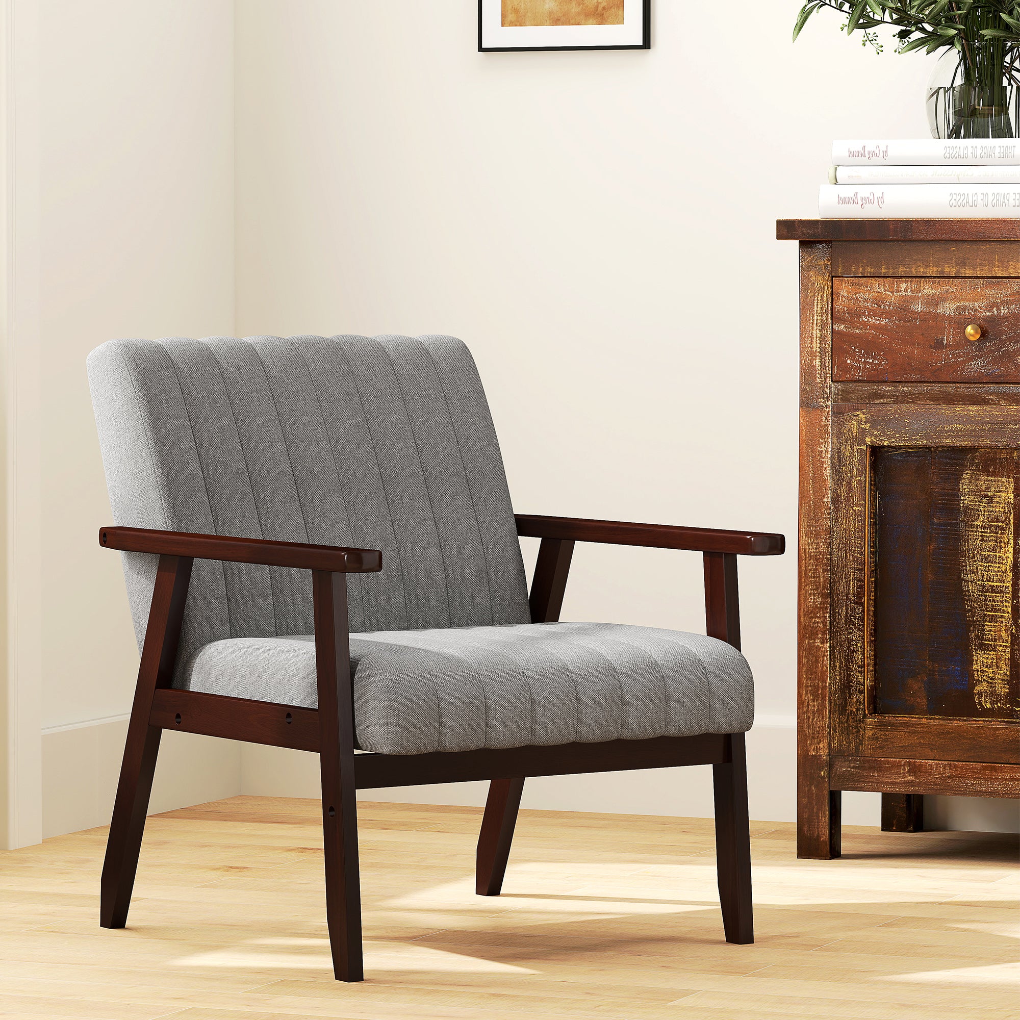 HOMCOM Mid Century Accent Chair, with Wooden Legs - Grey - North Peak Garden Furniture