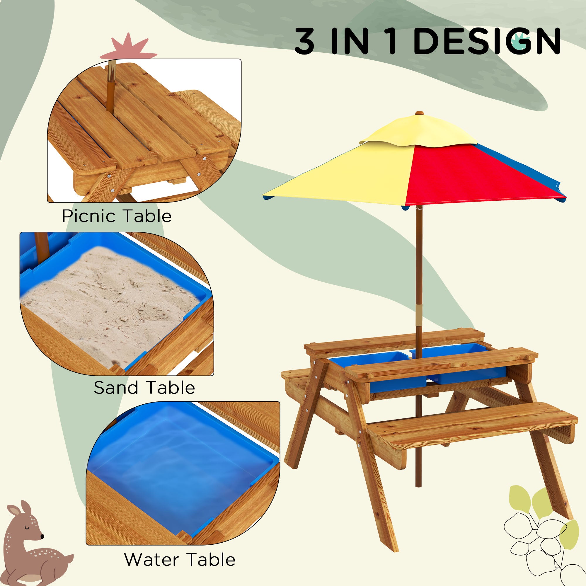 Outsunny Kids Picnic Table Set, 3 in 1 Sand Pit Activity Table, Kids Garden Furniture w/ Removable Parasol, for 3-6 Years - North Peak Garden Furniture
