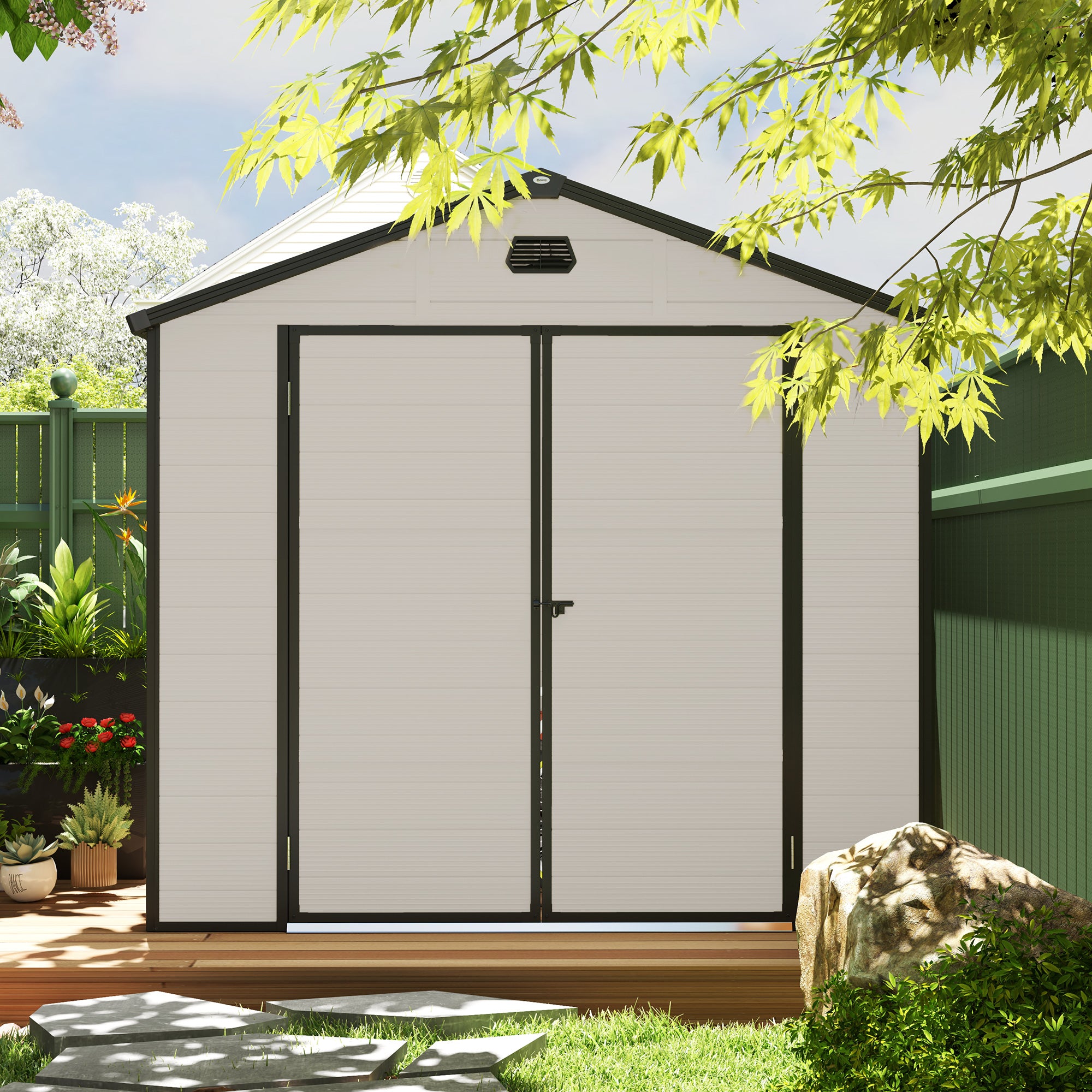 Outsunny 7.9ft x 6.2ft Aluminium Frame and Plastic Wall Shed, with Foundation - Cream White - North Peak Garden Furniture