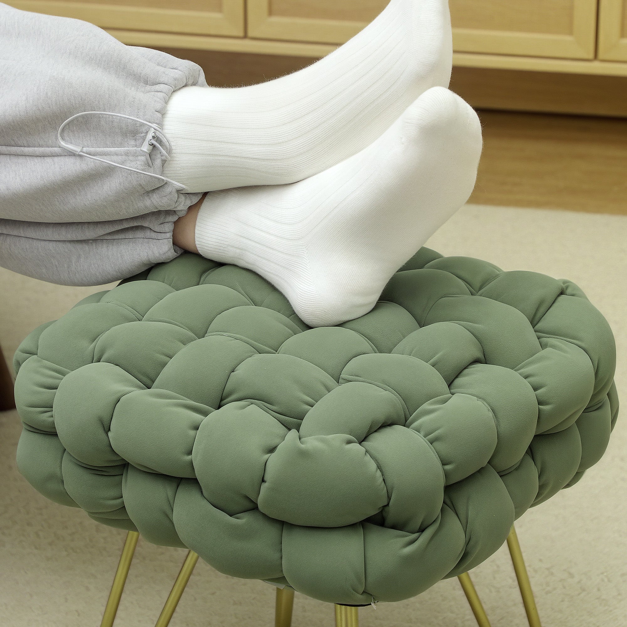 HOMCOM Velvet-Feel Bold Woven Footstool - Green - North Peak Garden Furniture